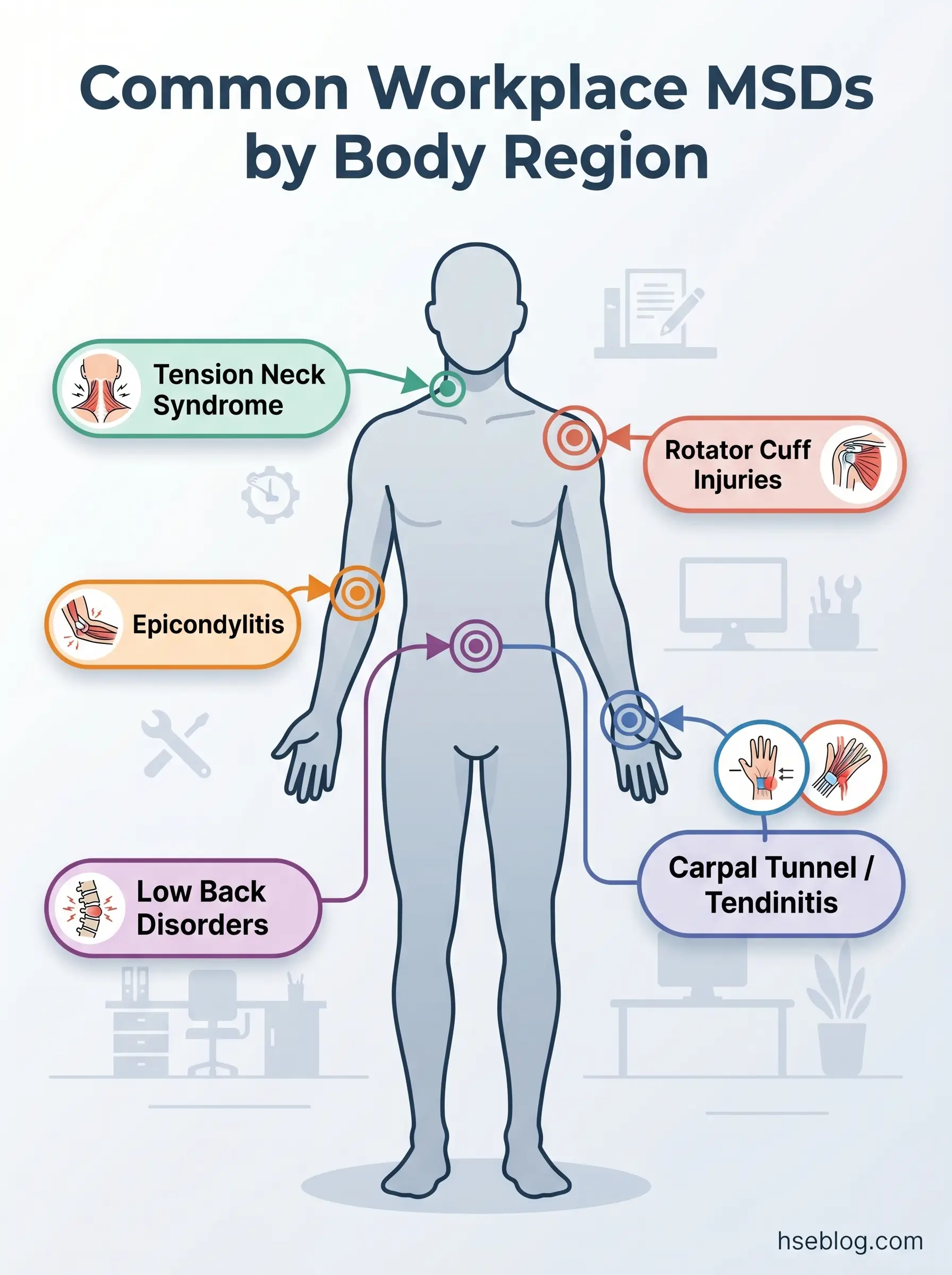 Infographic showing common workplace musculoskeletal disorders mapped to body regions, including tension neck syndrome, rotator cuff injuries, epicondylitis, carpal tunnel syndrome, and low back disorders.