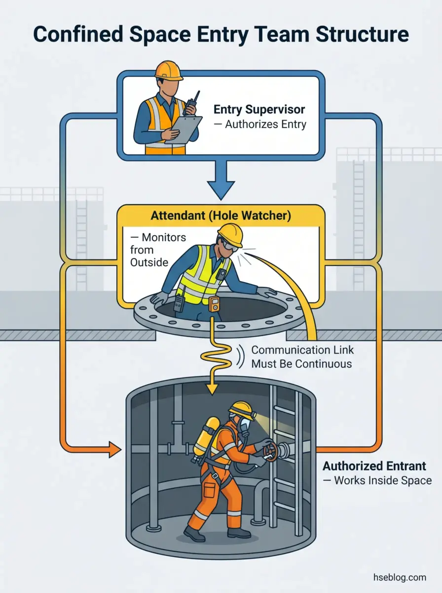Diagram showing confined space entry team structure with entry supervisor authorizing entry, hole watcher attendant monitoring from outside with continuous communication link, and authorized entrant working inside the confined space.