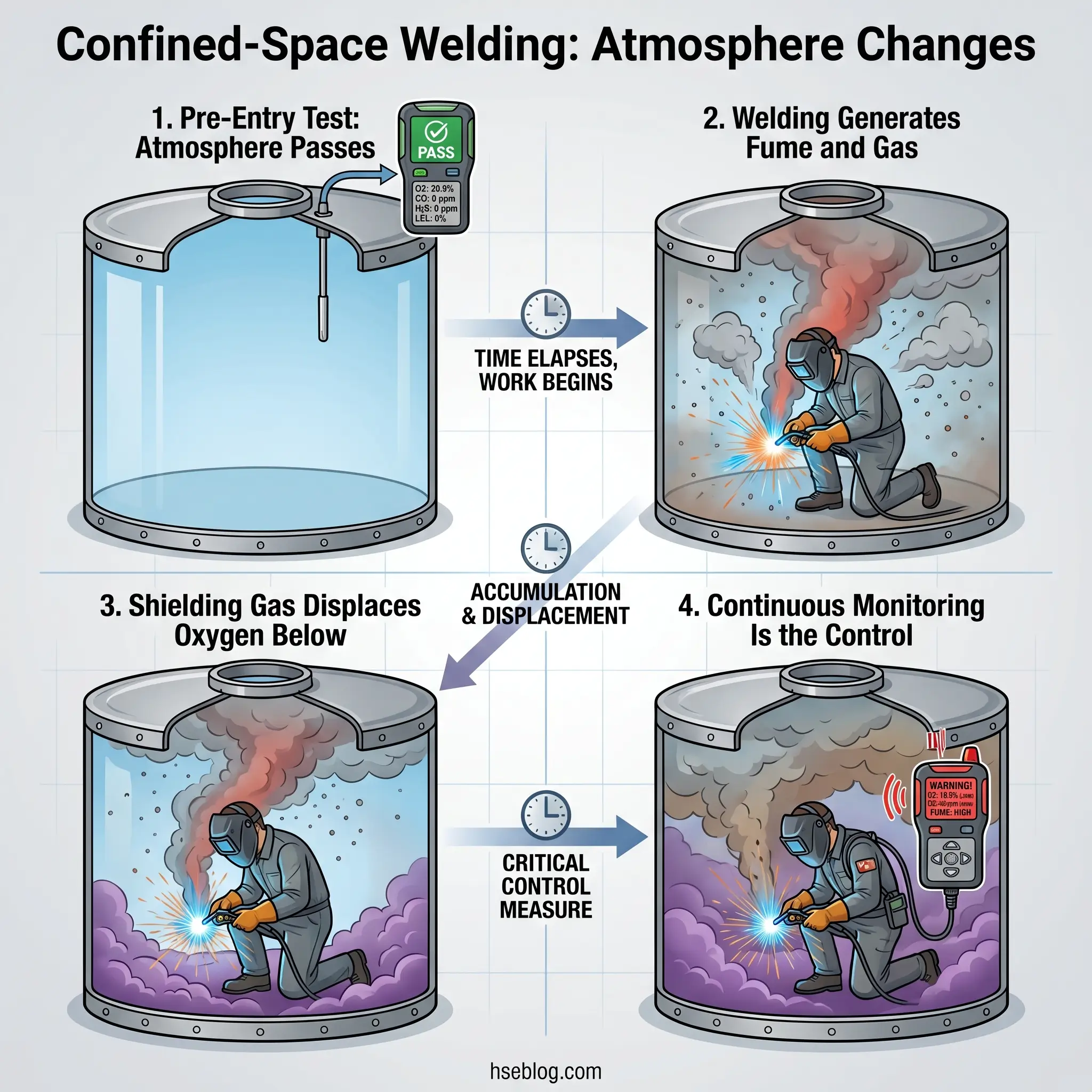 Illustrated four-step diagram showing confined-space welding safety procedures, from initial atmosphere testing through fume generation, oxygen displacement by shielding gas, and continuous monitoring with detection equipment.
