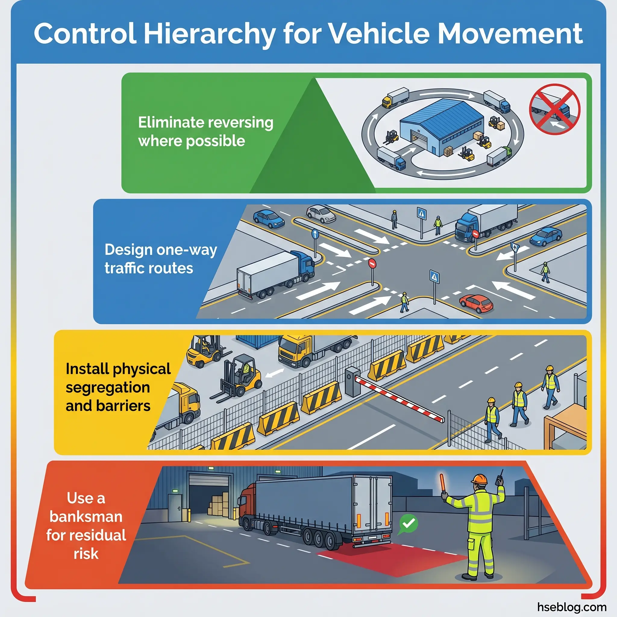 Hierarchical control strategy for vehicle movement safety, showing four levels from top to bottom: eliminate reversing, design one-way routes, install physical barriers, and use a banksman for residual risk management.