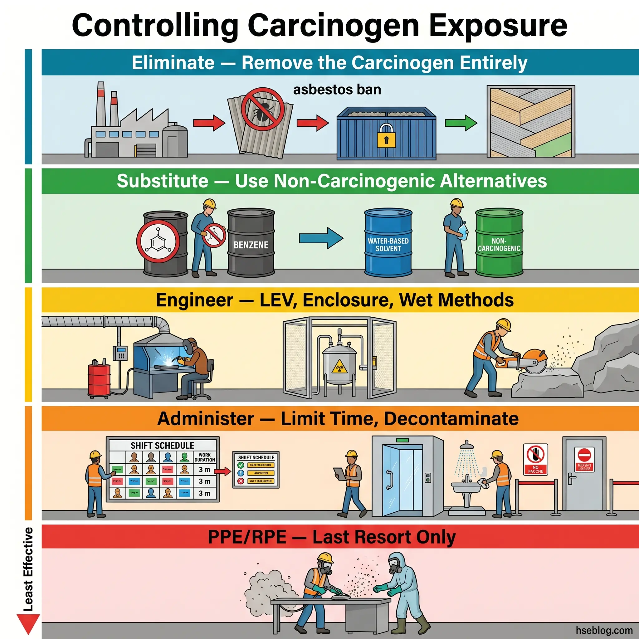 Hierarchy of controls for carcinogen exposure showing elimination, substitution, engineering controls, administrative measures, and personal protective equipment as last resort options.