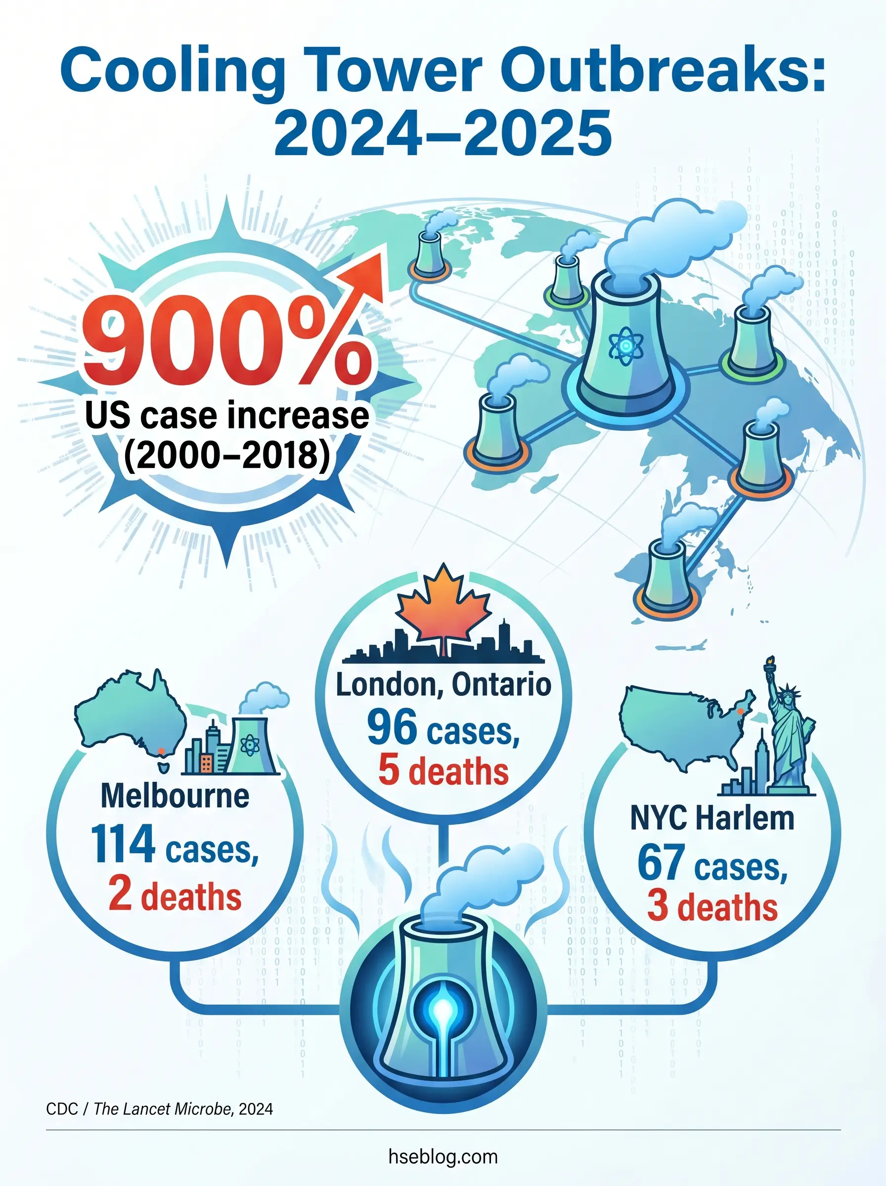 Infographic showing cooling tower outbreak data for 2024-2025, highlighting a 900% US case increase from 2000-2018 and specific outbreak statistics from Melbourne, London Ontario, and NYC Harlem with case counts and death tolls.