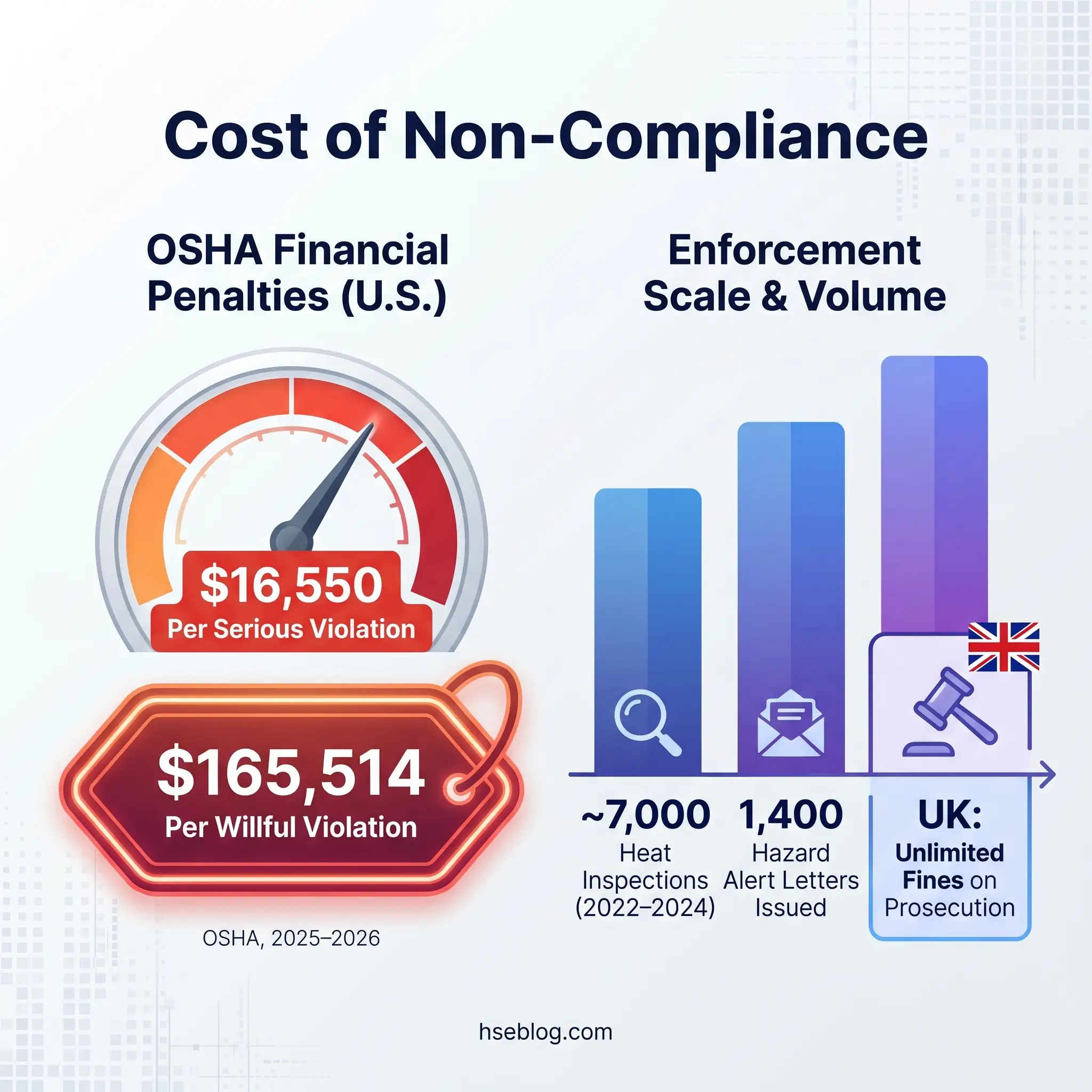 Infographic showing OSHA financial penalties of $16,550 per serious violation and $165,514 per willful violation for 2025-2026, alongside UK enforcement statistics including 7,000 heat inspections and 1,400 hazard alert letters with unlimited fines on prosecution.