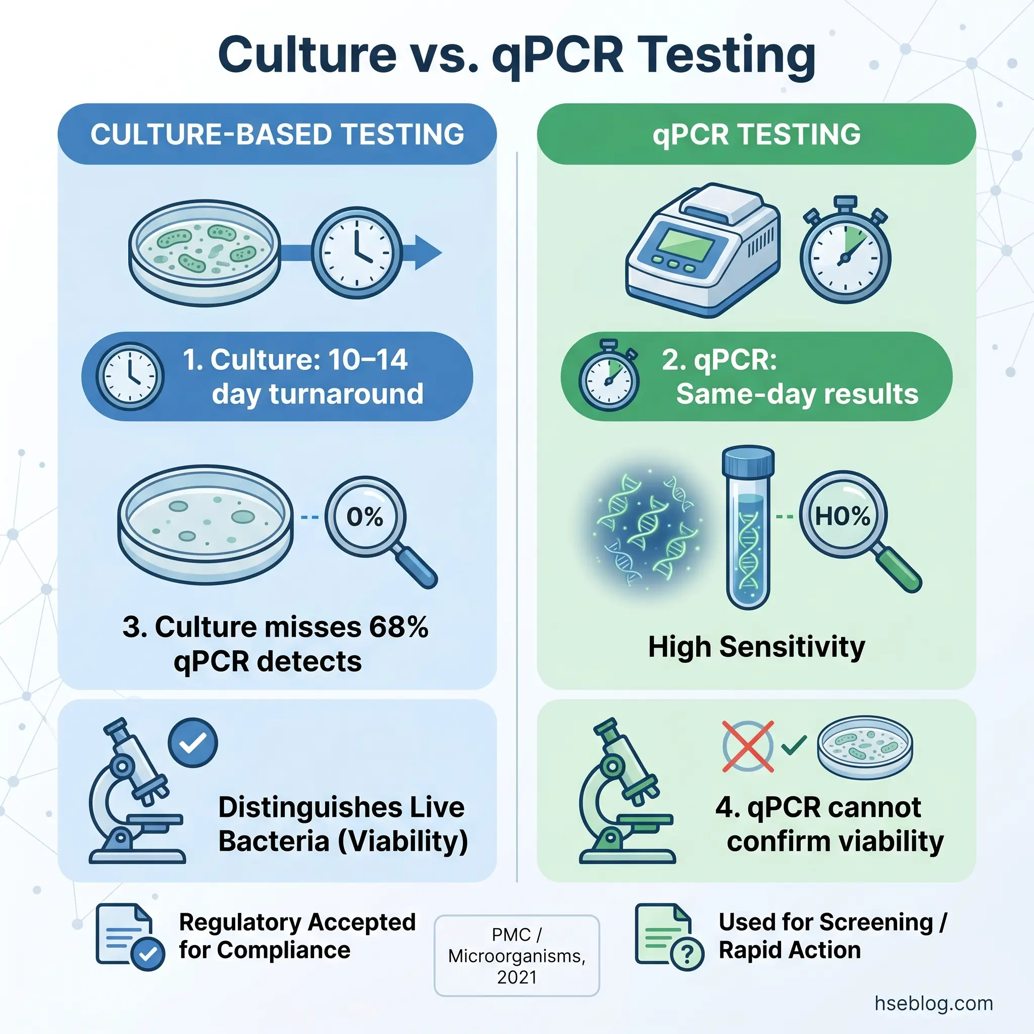 Comparison infographic showing culture-based testing with 10-14 day turnaround and viability detection versus qPCR testing with same-day results and high sensitivity but inability to confirm bacterial viability.