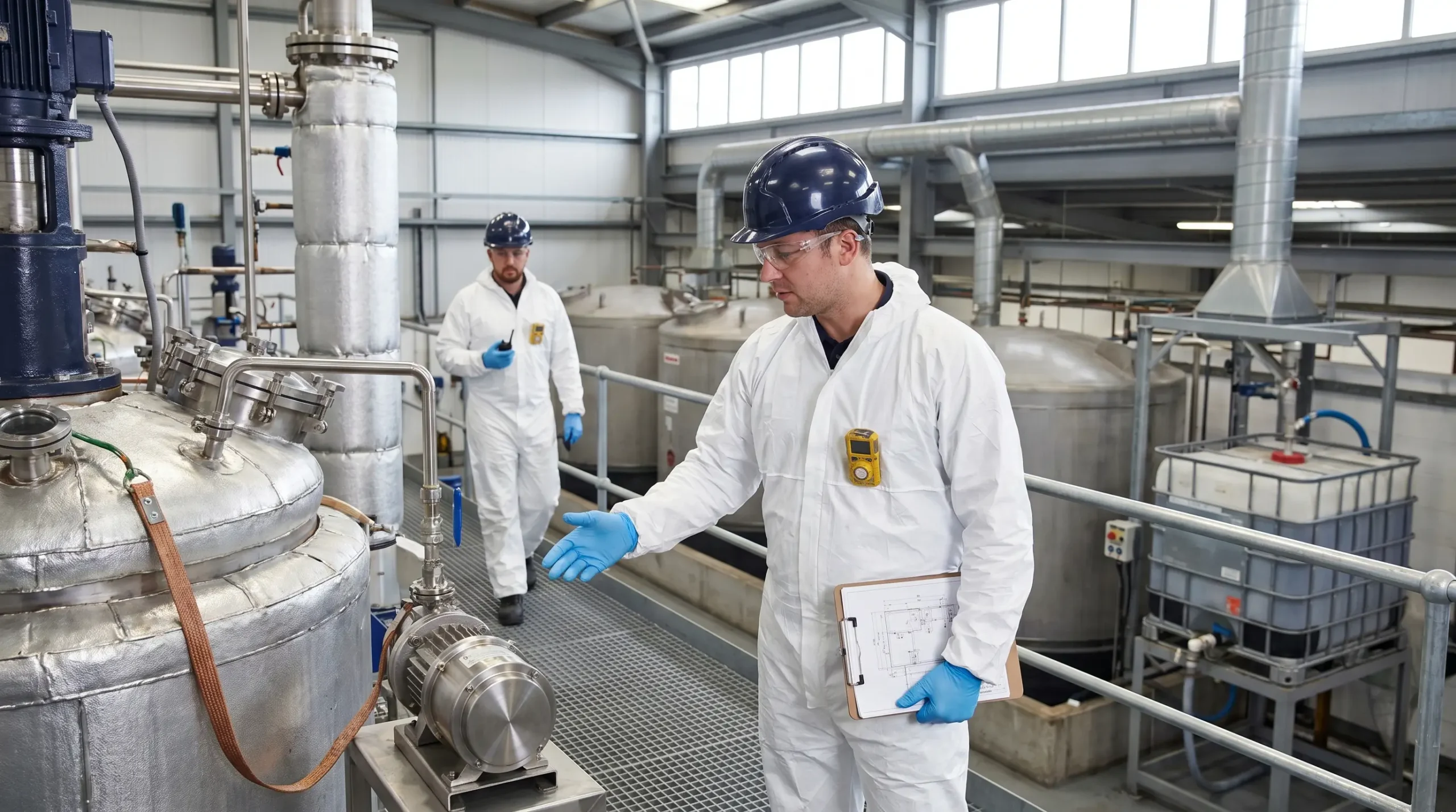 Two technicians in white protective suits and safety equipment inspect industrial processing equipment in a large manufacturing facility with metal tanks and piping systems.