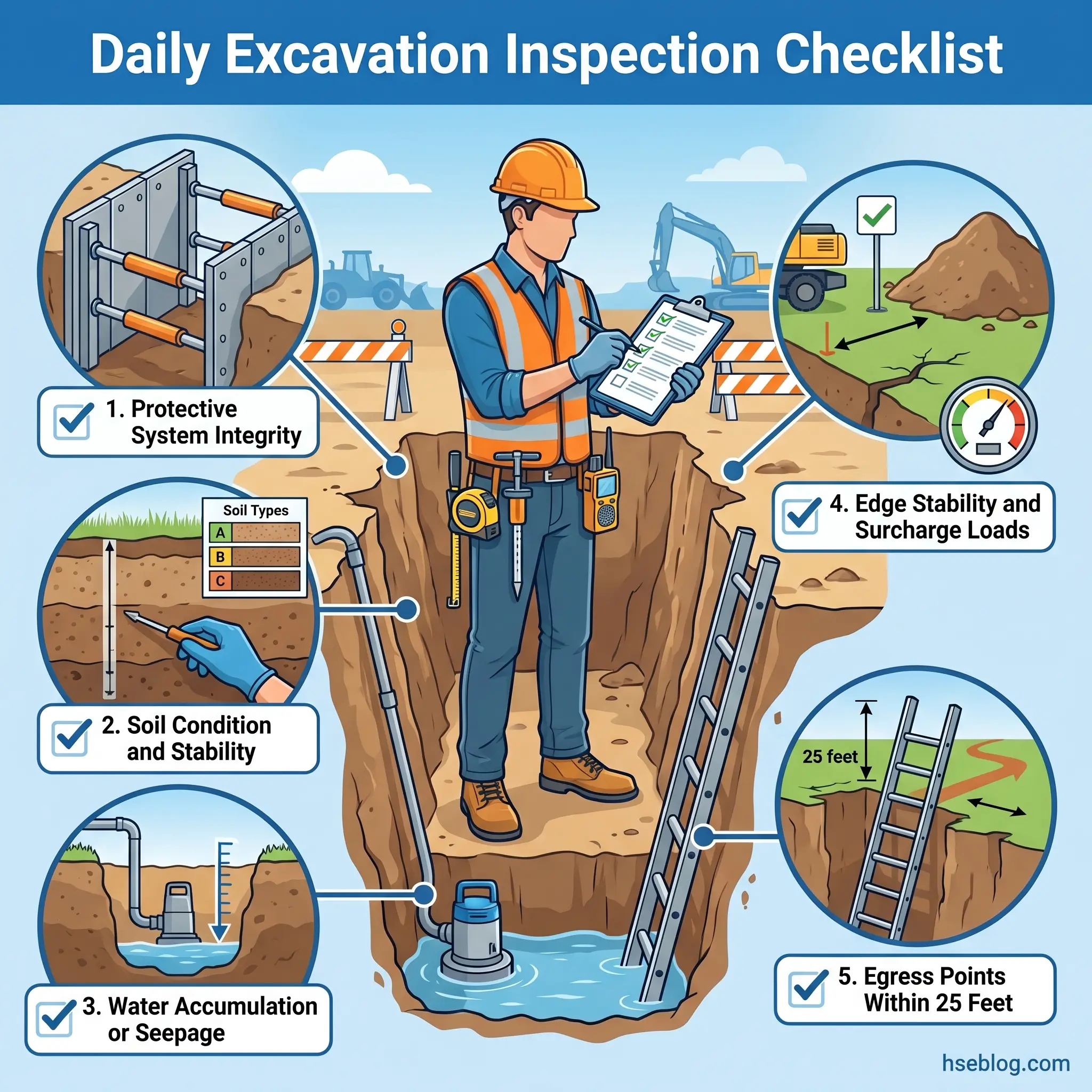 Construction worker conducting daily excavation safety inspection, checking protective systems, soil stability, water accumulation, edge stability, and egress points using clipboard checklist.
