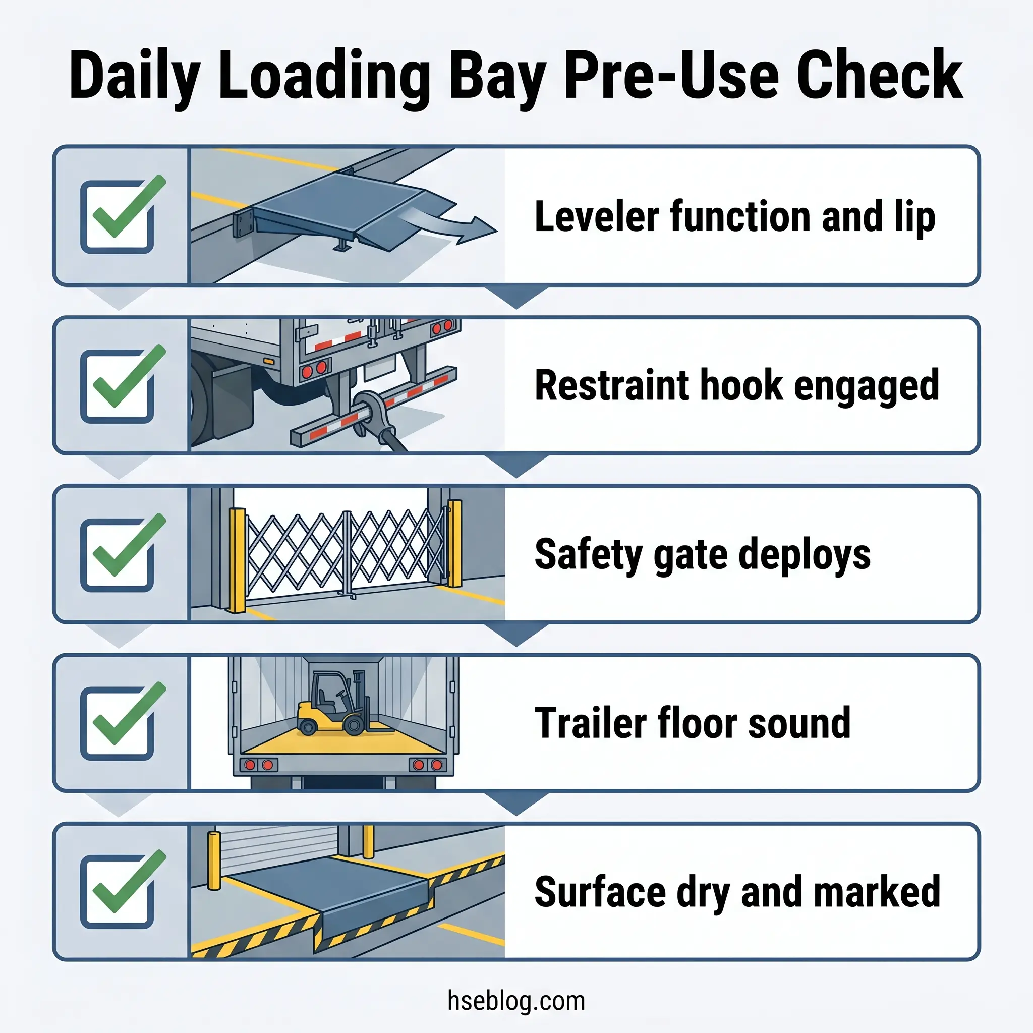 Checklist graphic showing five daily safety inspections for loading bay equipment including leveler function, restraint hooks, safety gates, trailer floors, and surface conditions.