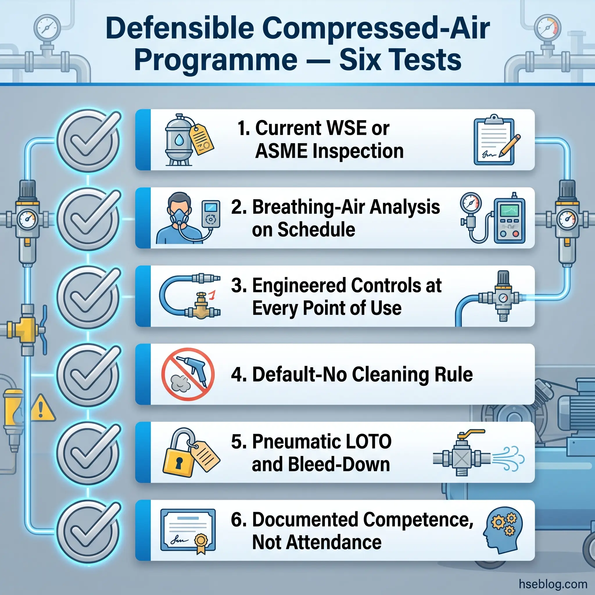 Infographic showing six checkpoints for a defensible compressed-air safety program, including inspections, air quality testing, controls, cleaning rules, lockout procedures, and competence documentation.