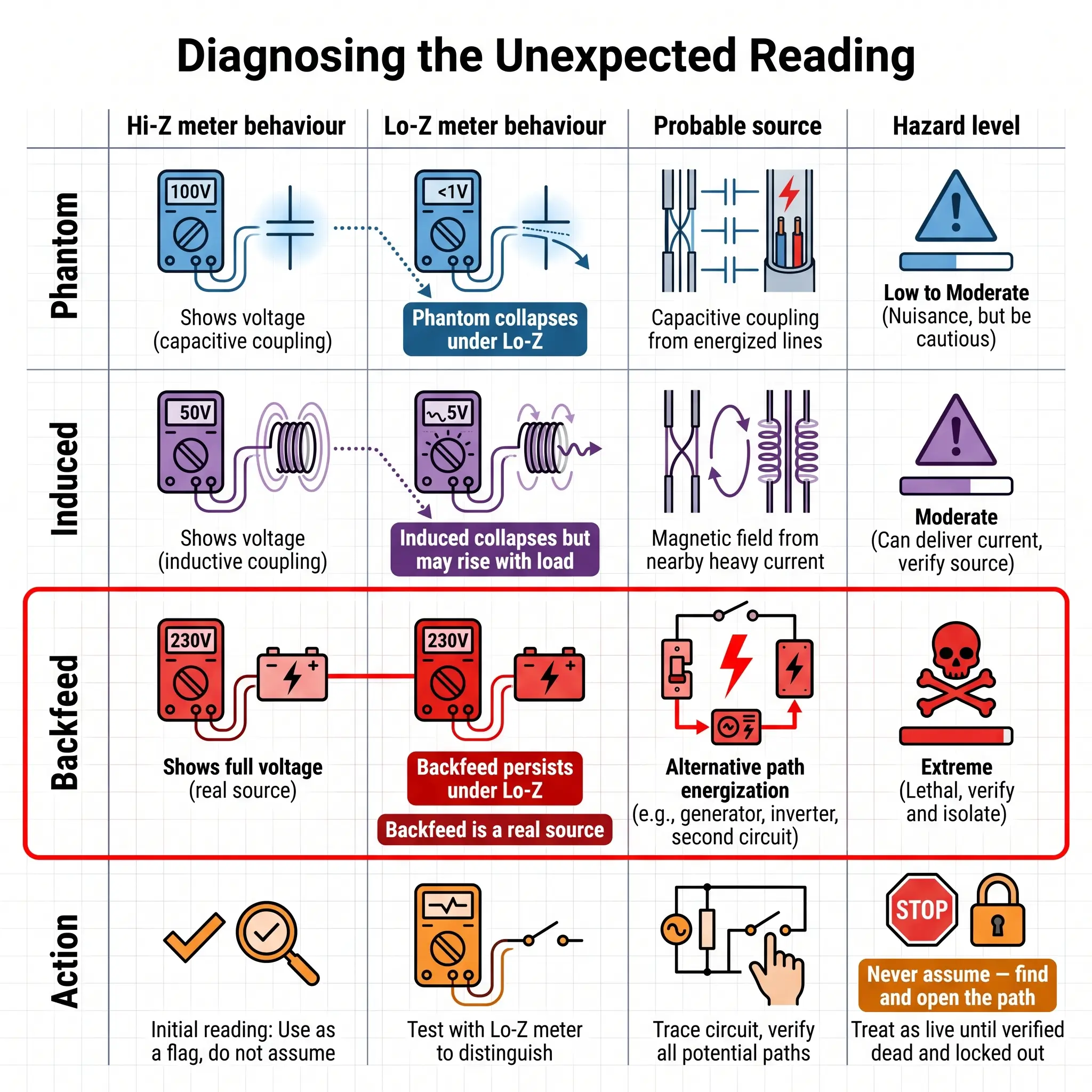 Diagnostic flowchart for identifying unexpected electrical meter readings, comparing phantom, induced, and backfeed scenarios with hazard levels and recommended safety actions.