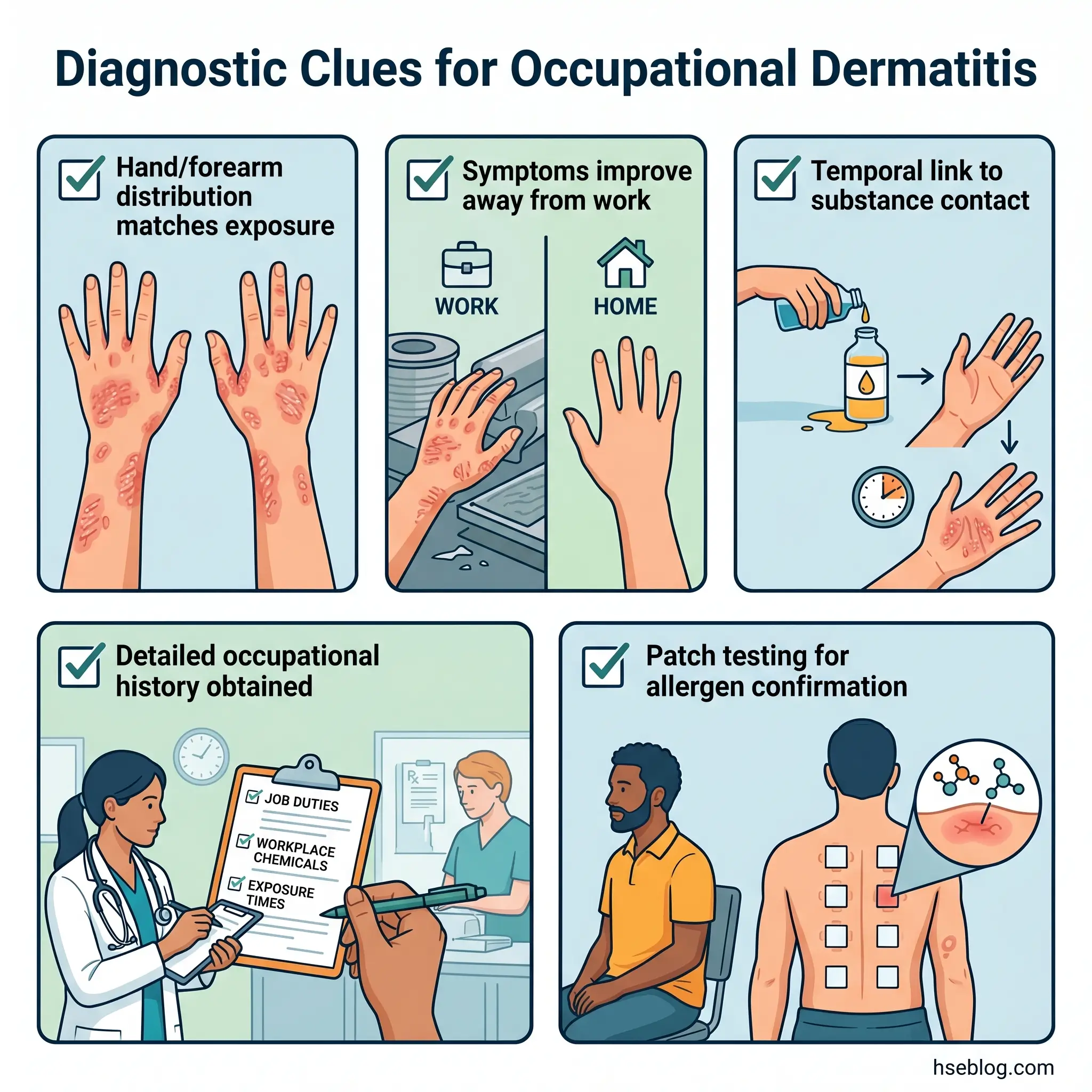 Five diagnostic clues for identifying occupational dermatitis, including hand rash distribution, symptom improvement away from work, temporal link to substance exposure, detailed occupational history, and patch testing for allergen confirmation.