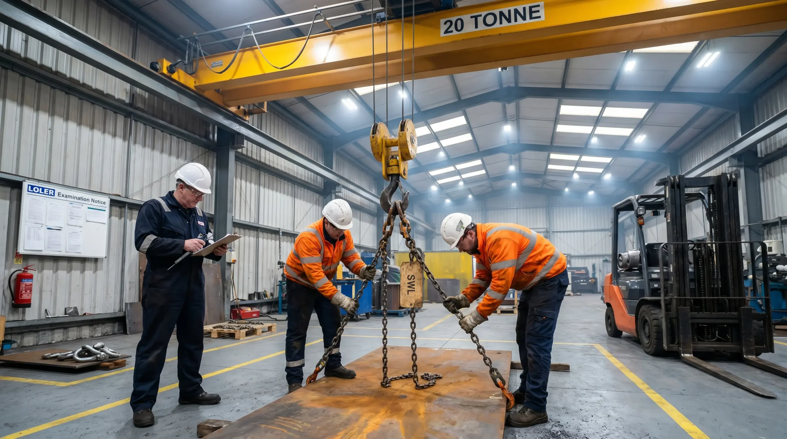 Industrial warehouse workers in safety gear inspect and secure heavy lifting chains attached to a 20-tonne overhead crane system during equipment maintenance.