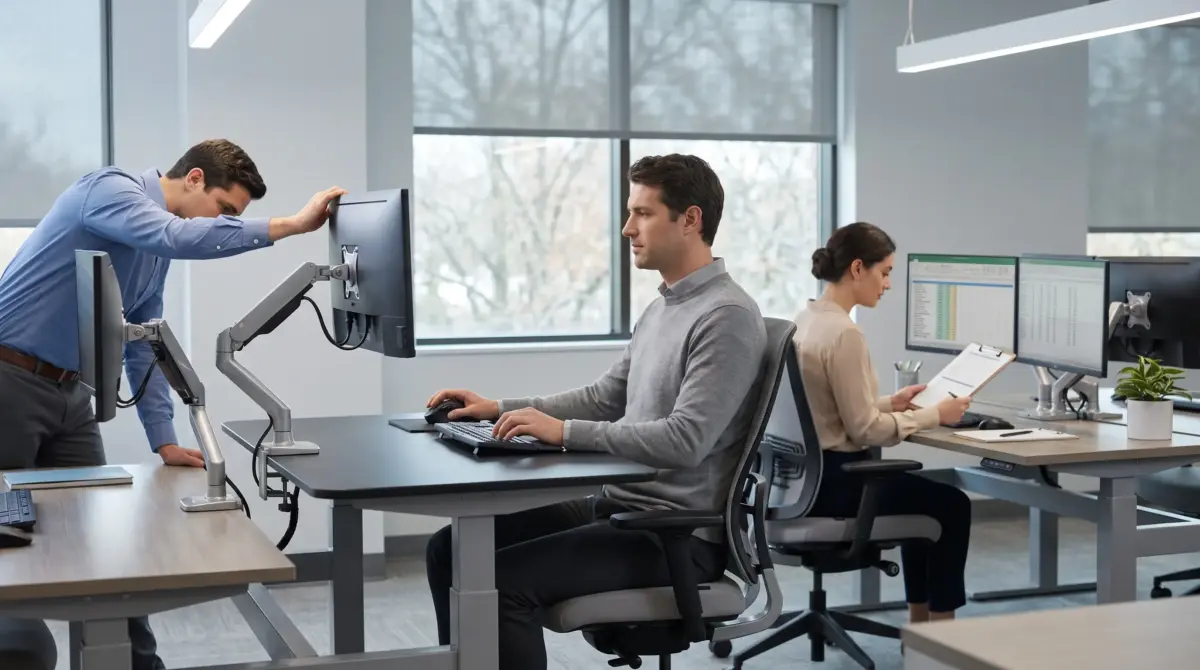 Three office workers in a modern, bright workspace with large windows; one man adjusts a monitor on an articulating arm while two colleagues work at their desks with computers and documents.