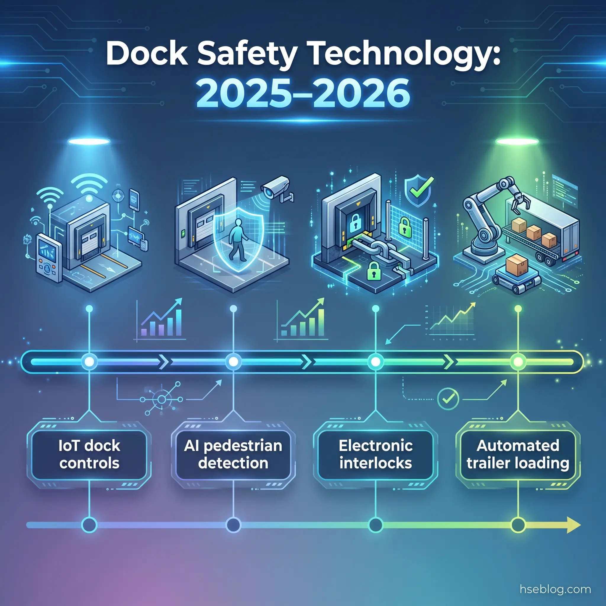 Infographic showing dock safety technology evolution from 2025-2026, displaying four key innovations: IoT dock controls, AI pedestrian detection, electronic interlocks, and automated trailer loading, connected by a timeline with progress indicators and performance graphs.
