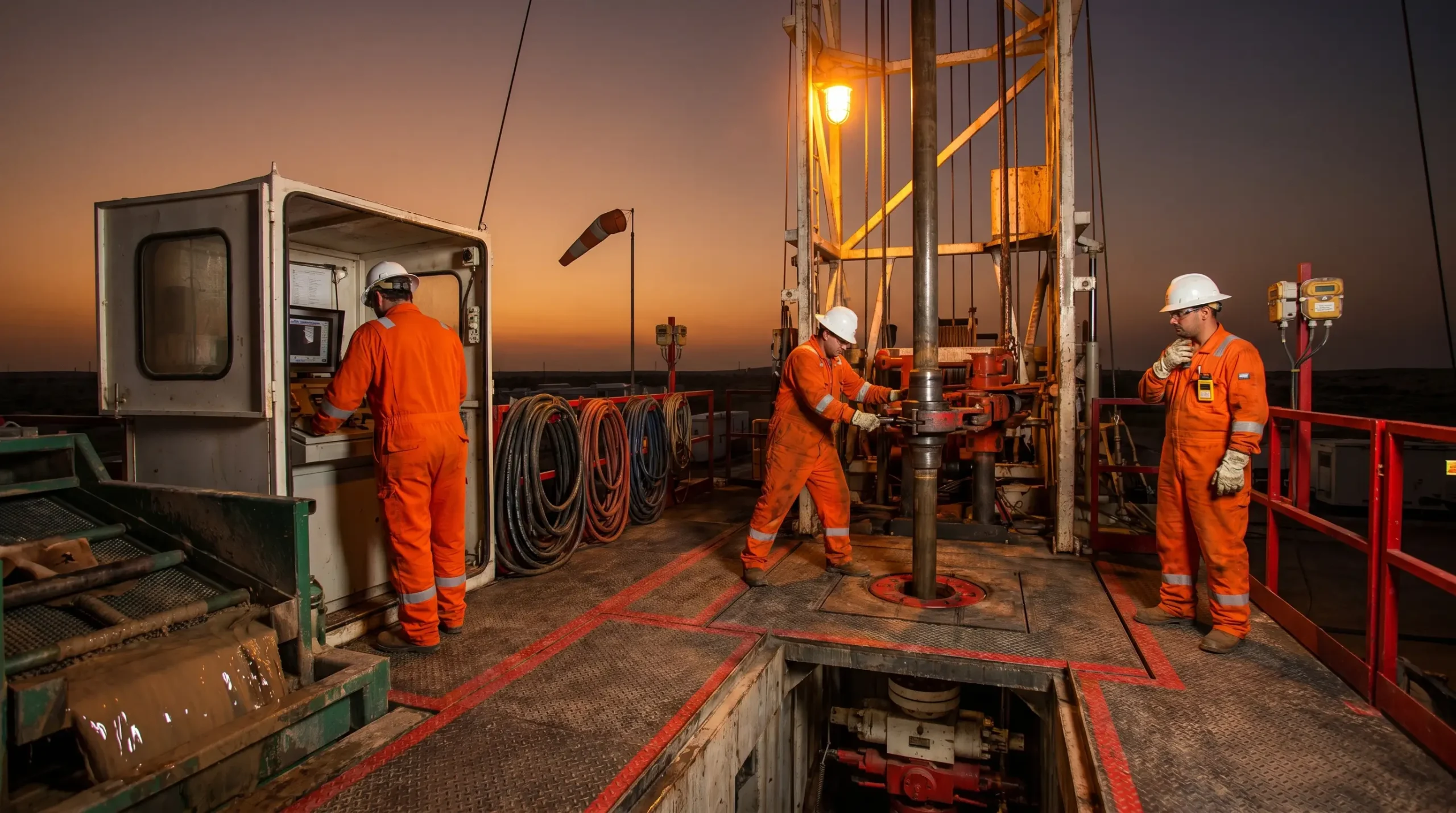 Oil rig workers in orange safety suits and hard hats perform equipment maintenance on a drilling platform during twilight, with coiled cables and industrial machinery visible on the deck.