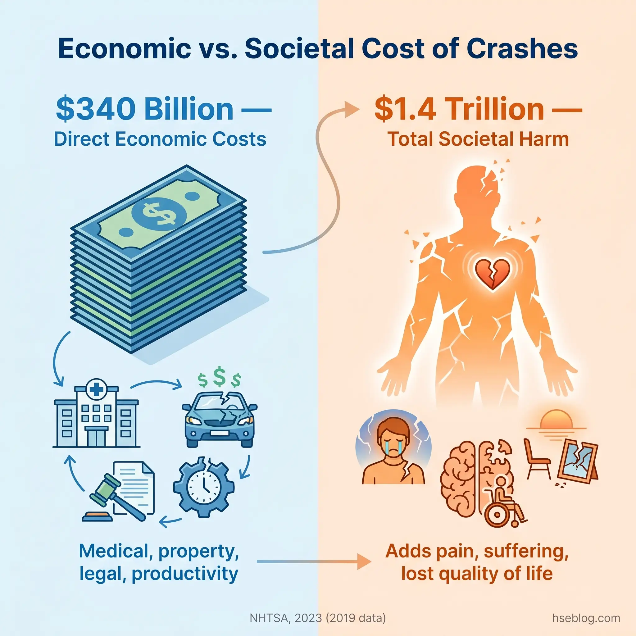 Infographic comparing economic and societal costs of traffic crashes, showing $340 billion in direct costs versus $1.4 trillion in total societal harm including medical, property, and quality of life impacts.