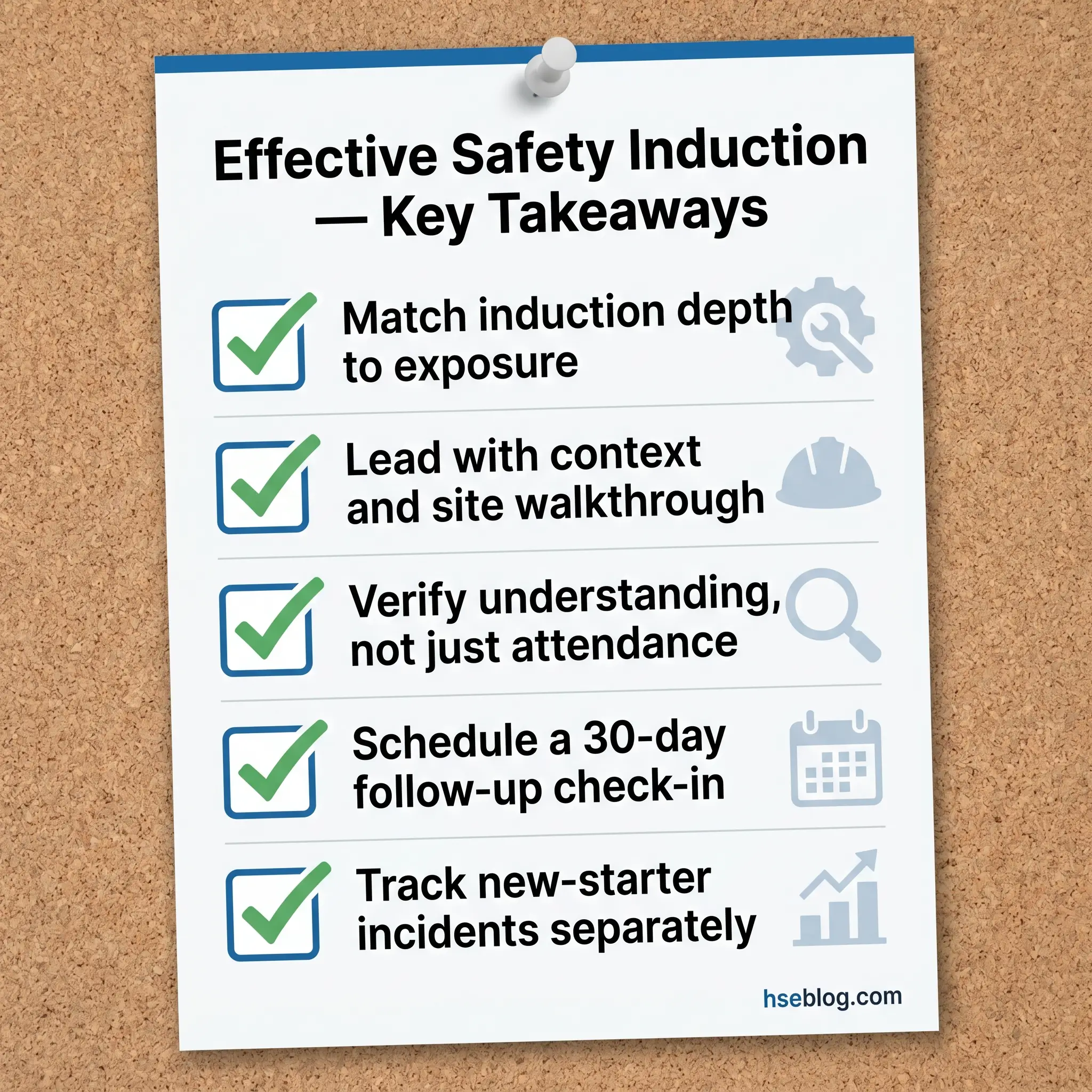 Poster pinned to cork board listing five key takeaways for effective safety induction, each with a checkmark icon and accompanying symbol, plus a website credit at the bottom.