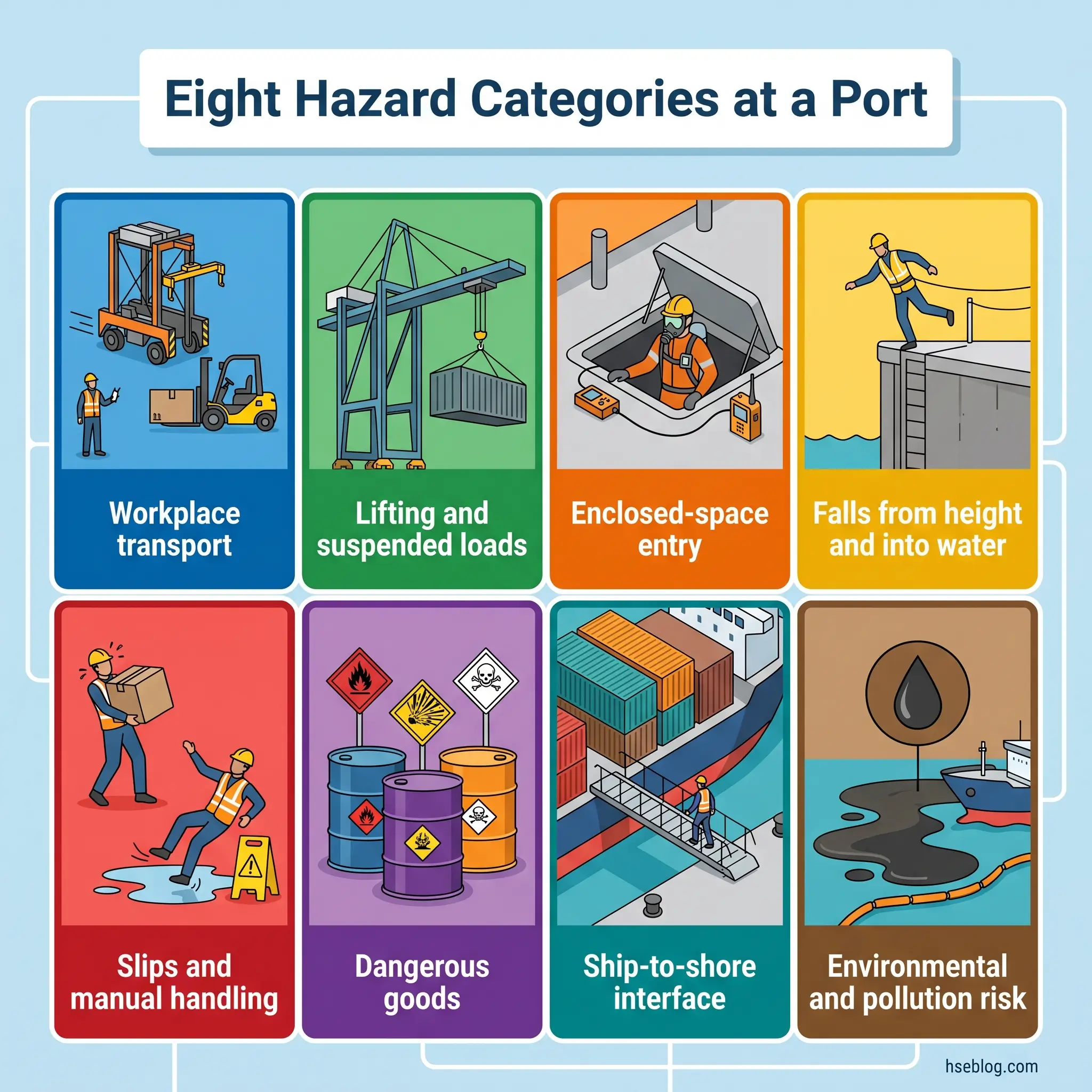 Infographic showing eight color-coded hazard categories at ports: workplace transport, lifting and suspended loads, enclosed-space entry, falls from height and into water, slips and manual handling, dangerous goods, ship-to-shore interface, and environmental and pollution risk.