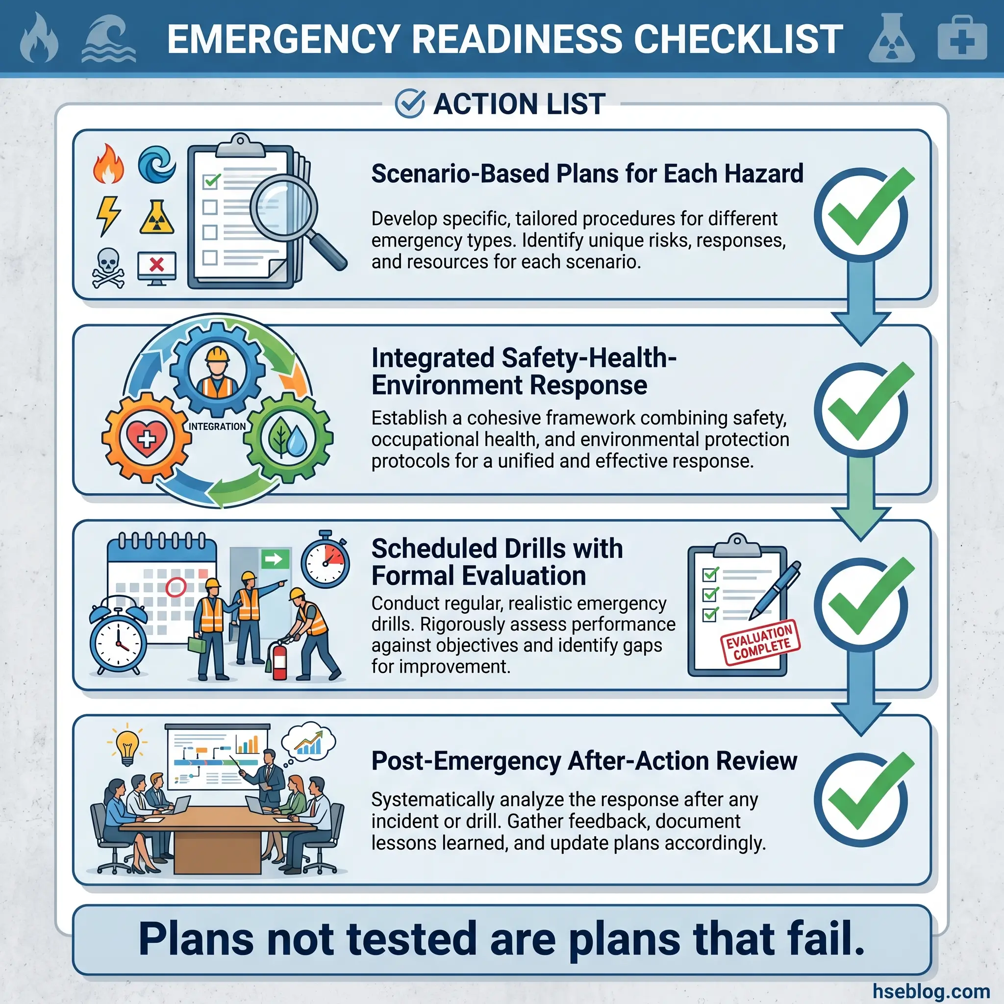 Emergency readiness checklist showing four action steps: scenario-based plans for hazards, integrated safety-health-environment response, scheduled drills with evaluation, and post-emergency after-action review, with checkmarks indicating completion.
