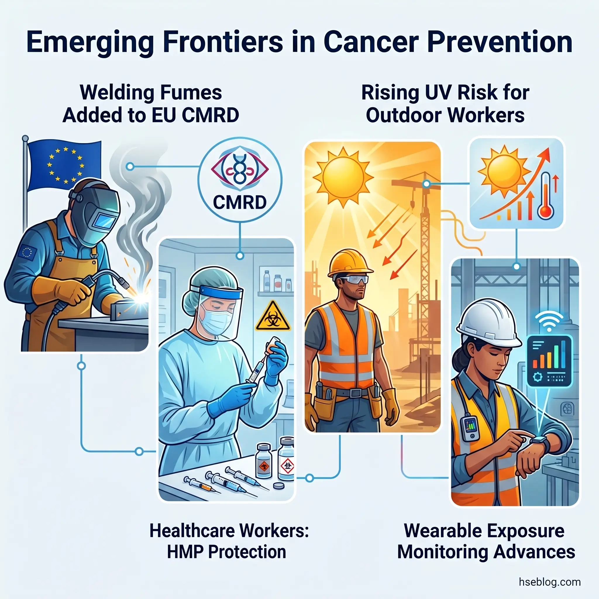 Infographic showing four emerging cancer prevention frontiers: welding fumes added to EU CMRD list, rising UV risk for outdoor workers, healthcare workers HMP protection, and wearable exposure monitoring advances with illustrated workers in relevant occupational settings.