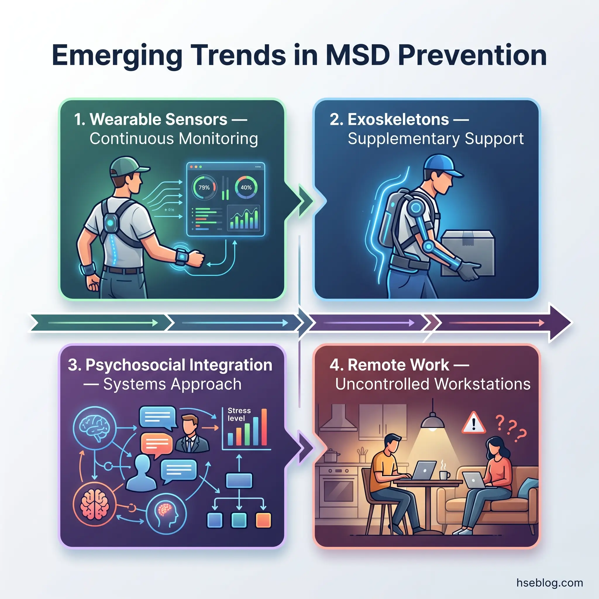 Infographic showing four emerging trends in musculoskeletal disorder prevention: wearable sensors for monitoring, exoskeletons for support, psychosocial integration systems, and remote work ergonomics challenges, connected by directional arrows.