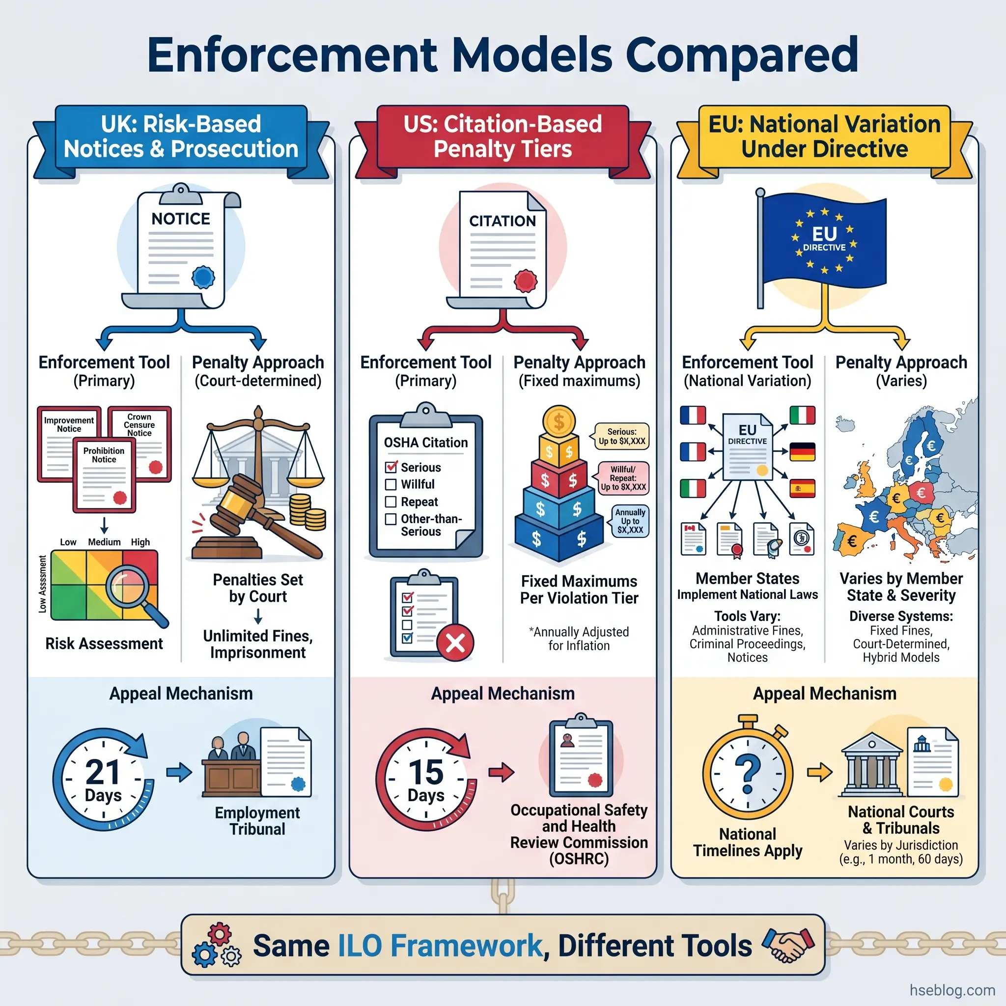 Infographic comparing three workplace safety enforcement models: UK risk-based notices and prosecution, US citation-based penalty tiers, and EU national variation under directive, showing enforcement tools, penalty approaches, and appeal mechanisms.