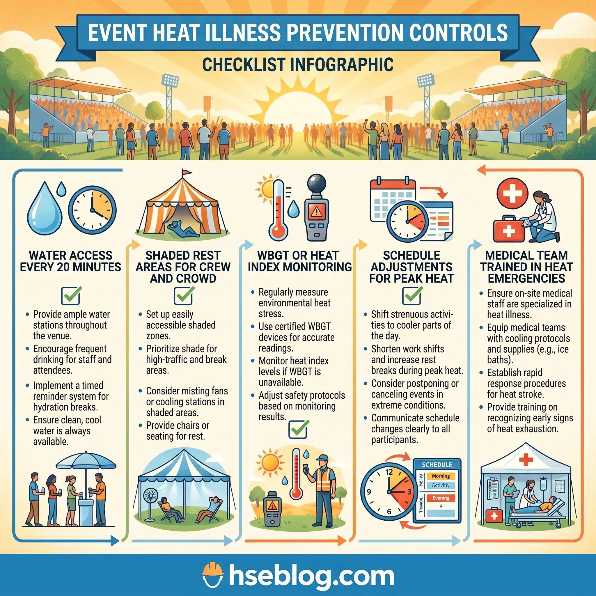 Infographic showing five essential heat illness prevention controls for outdoor events: water access every 20 minutes, shaded rest areas, heat monitoring equipment, schedule adjustments during peak heat, and trained medical teams with cooling supplies.