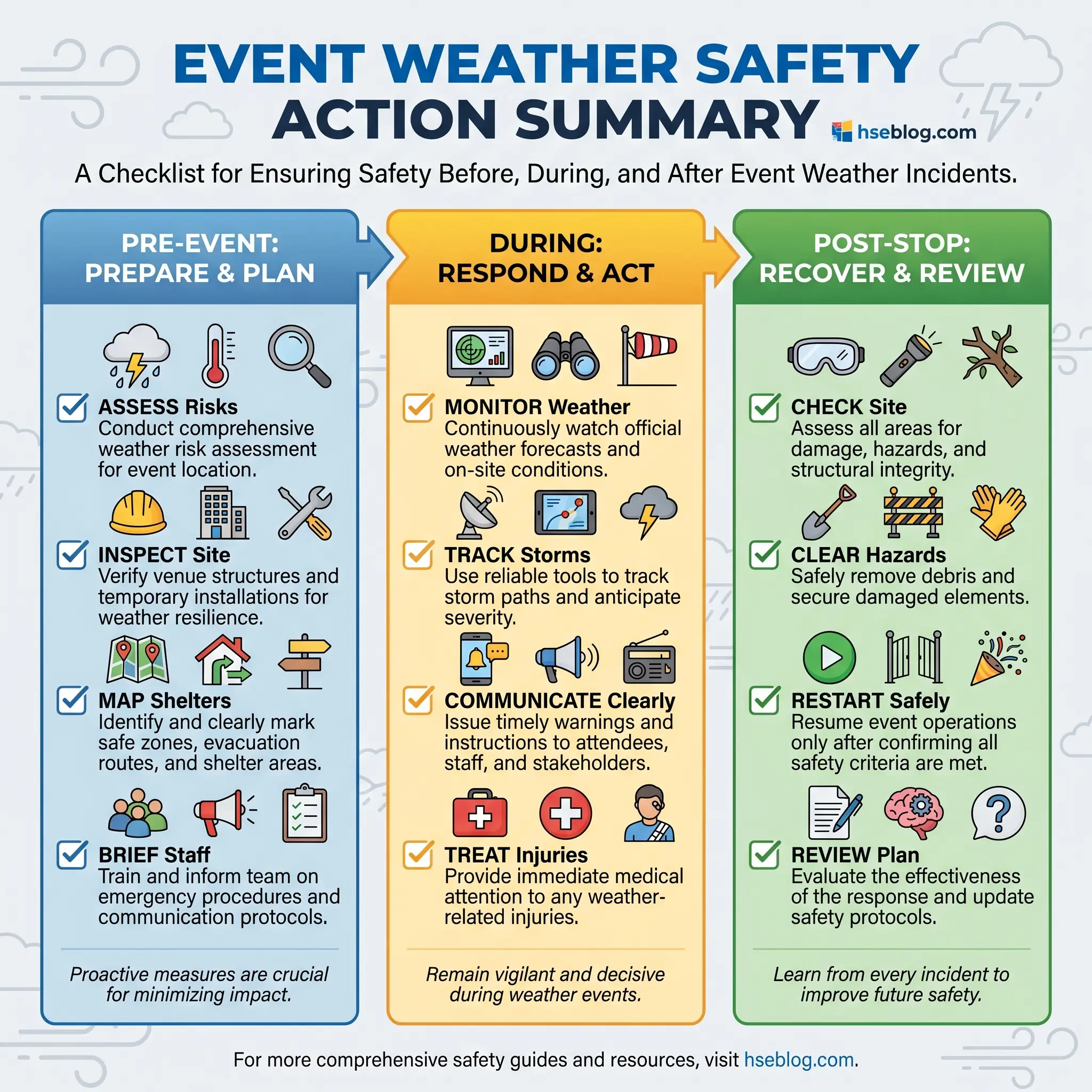 Infographic showing a three-phase event weather safety checklist: pre-event preparation including risk assessment and staff briefing, during-event response with weather monitoring and communication, and post-event recovery with site inspection and plan review.