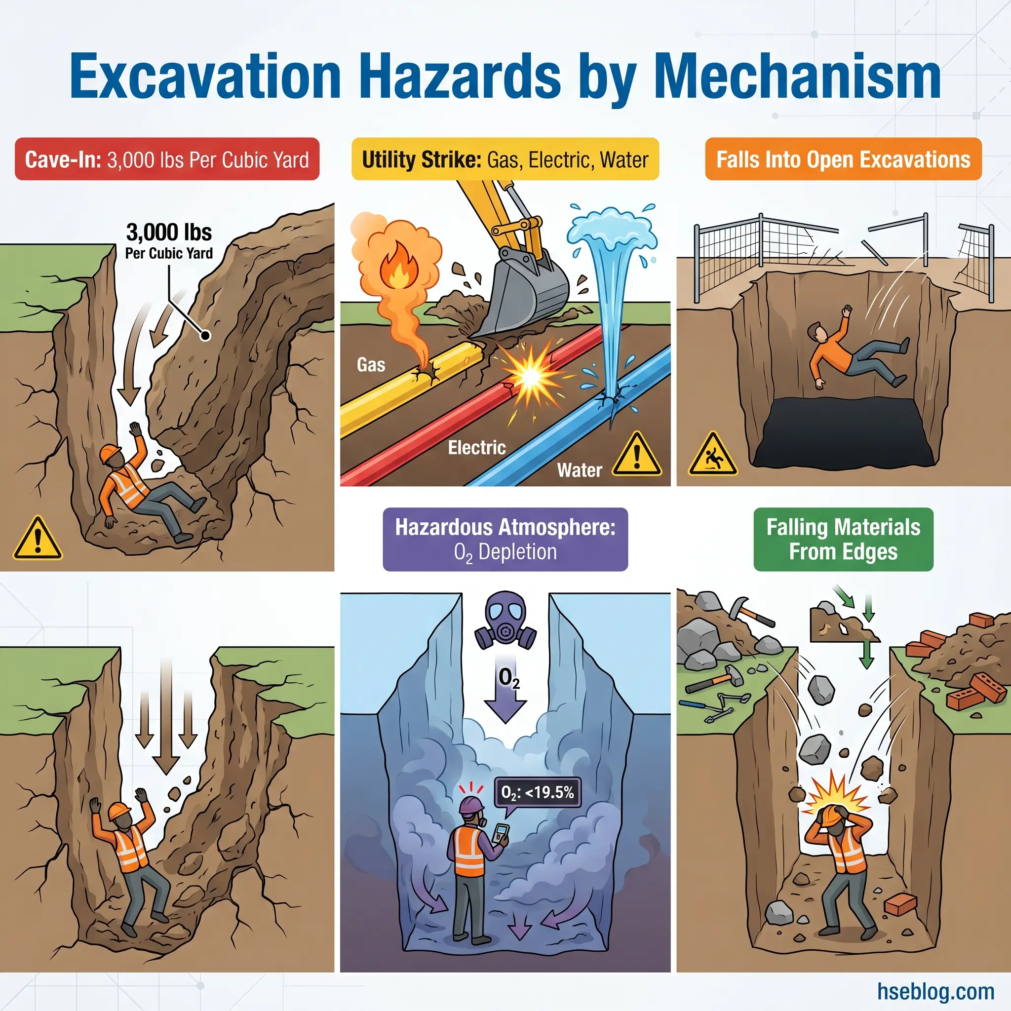 Illustrated guide showing six major excavation hazards: cave-in with 3,000 lbs pressure per cubic yard, utility strikes from gas and electrical lines, falls into open excavations, hazardous atmospheres with oxygen depletion, and falling materials from excavation edges.