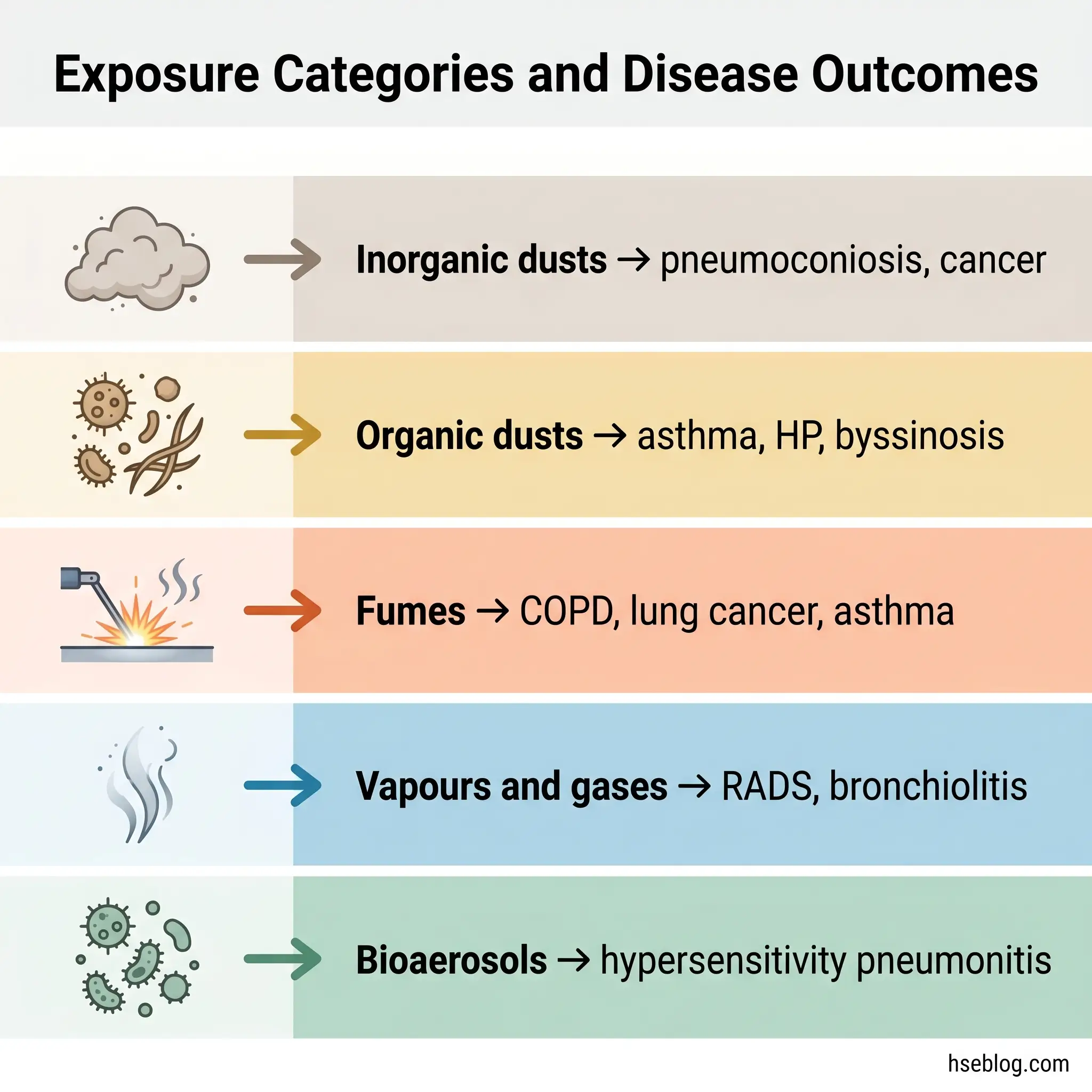 Infographic showing five occupational exposure categories and their associated respiratory and health outcomes: inorganic dusts causing pneumoconiosis and cancer, organic dusts causing asthma and hypersensitivity pneumonitis, fumes causing COPD and lung cancer, vapors and gases causing RADS and bronchiolitis, and bioaerosols causing hypersensitivity pneumonitis.