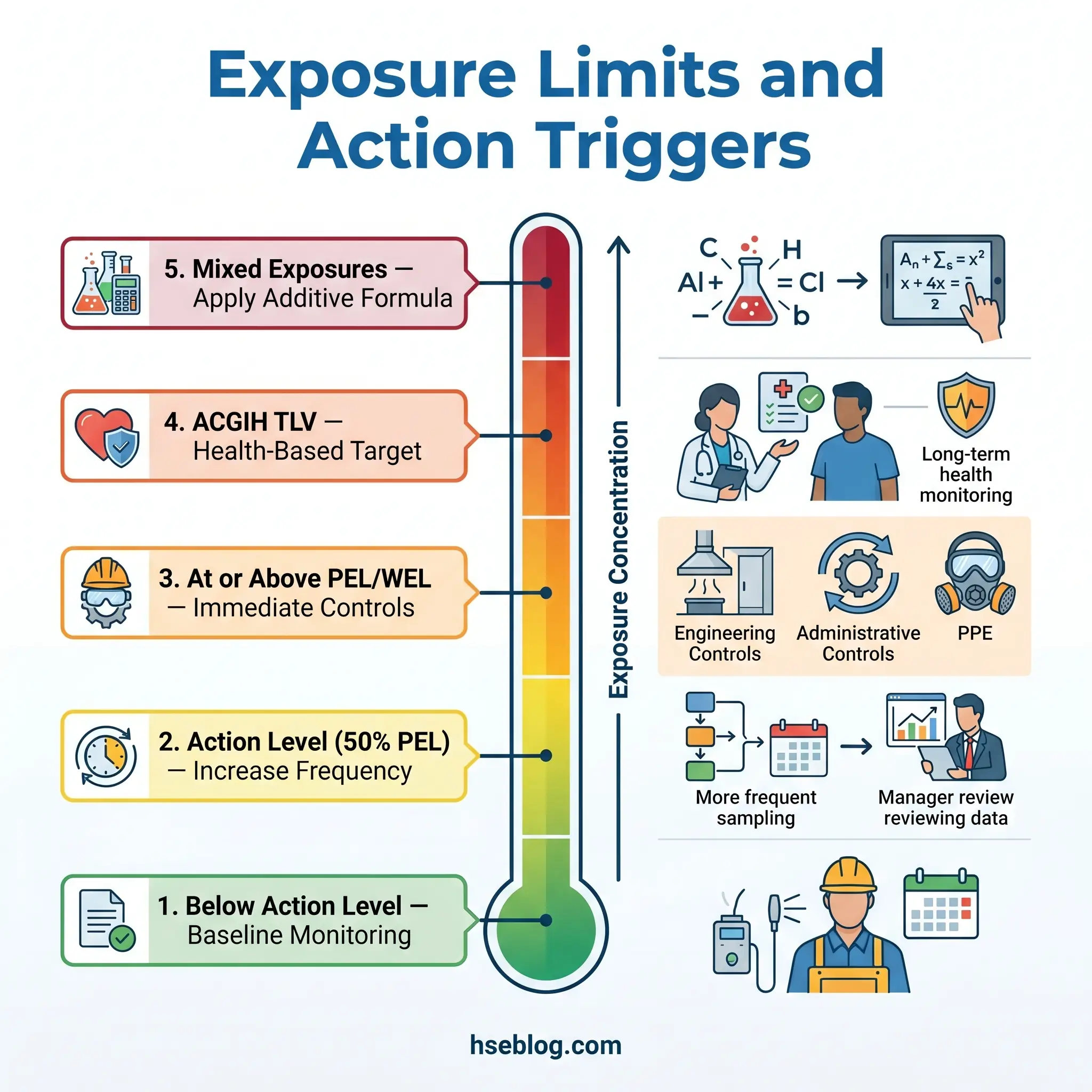 Hierarchical exposure limits and action triggers diagram showing five levels from baseline monitoring to mixed exposures, with corresponding control measures and health monitoring strategies illustrated on the right.