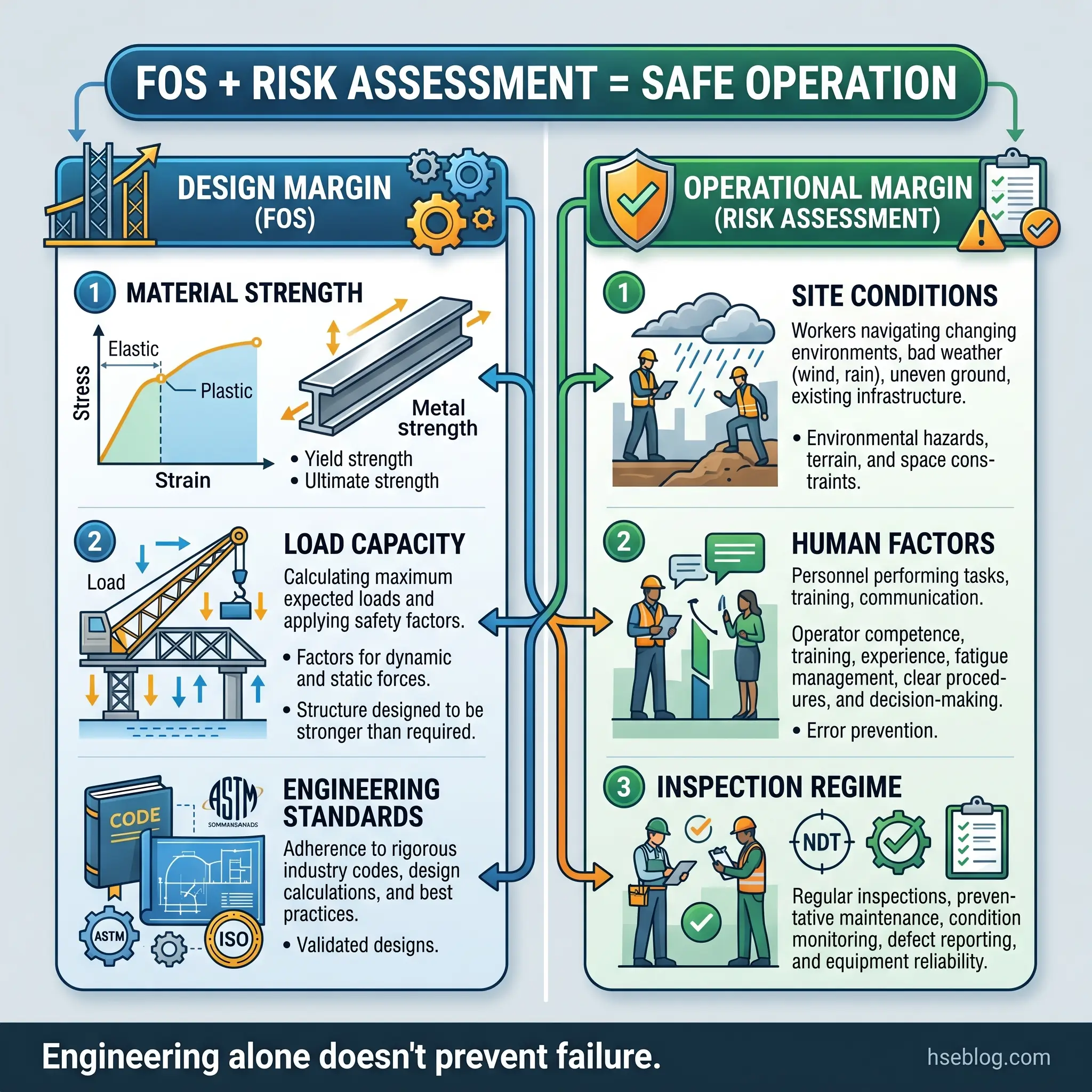Infographic showing how Factor of Safety and Risk Assessment combine for safe operations, with left side covering design margin including material strength, load capacity, and engineering standards, and right side covering operational margin including site conditions, human factors, and inspection regimes.