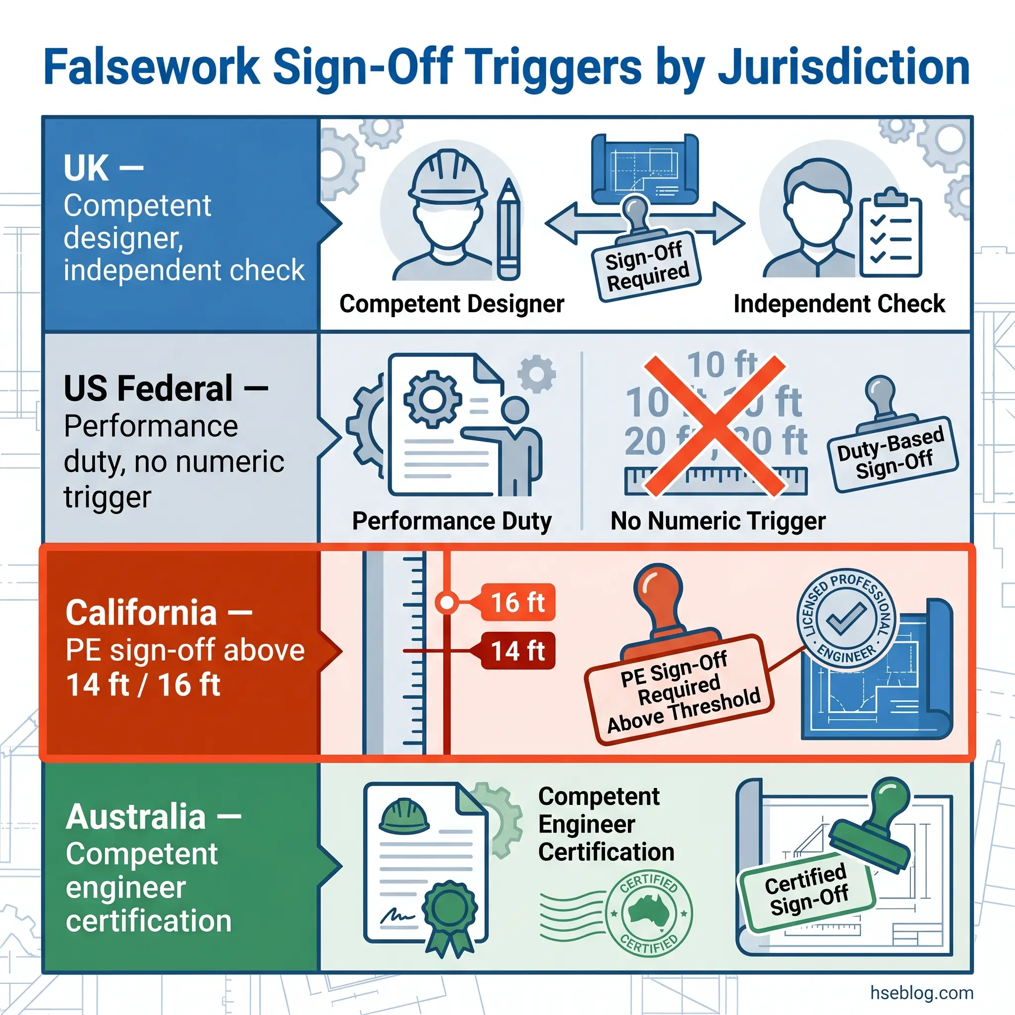 Chart comparing falsework sign-off requirements across UK, US Federal, California, and Australia jurisdictions, showing different triggers for designer or engineer certification.