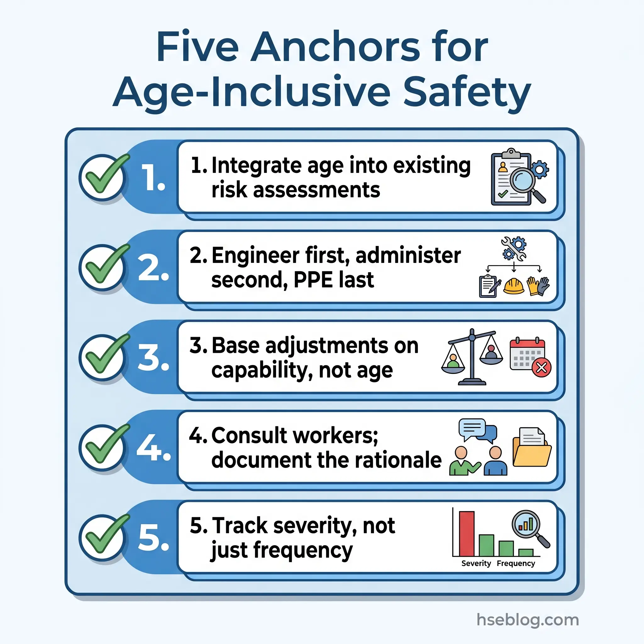 Infographic displaying five key strategies for implementing age-inclusive safety in workplaces, including risk assessment integration, engineering controls prioritization, capability-based adjustments, worker consultation, and severity tracking metrics.