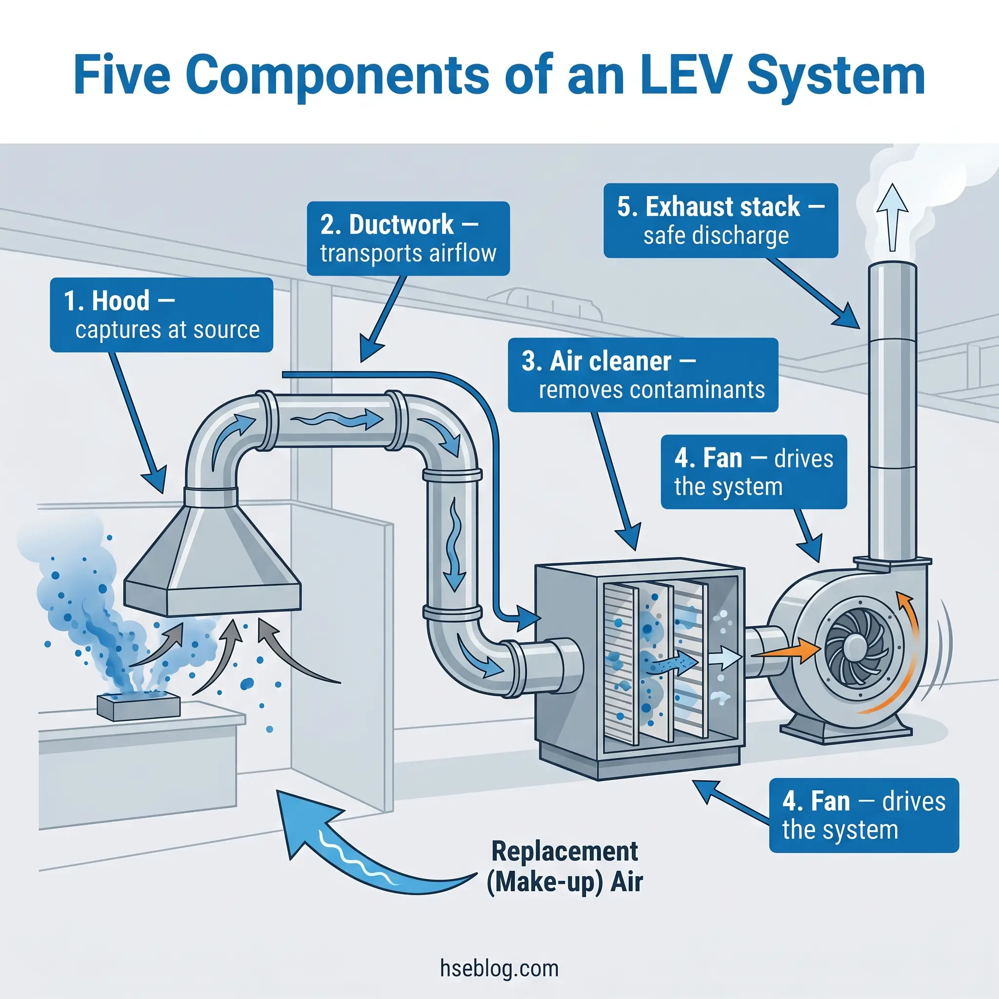 Diagram showing the five components of a local exhaust ventilation system: hood capturing emissions at source, ductwork transporting airflow, air cleaner removing contaminants, fan driving the system, and exhaust stack for safe discharge.