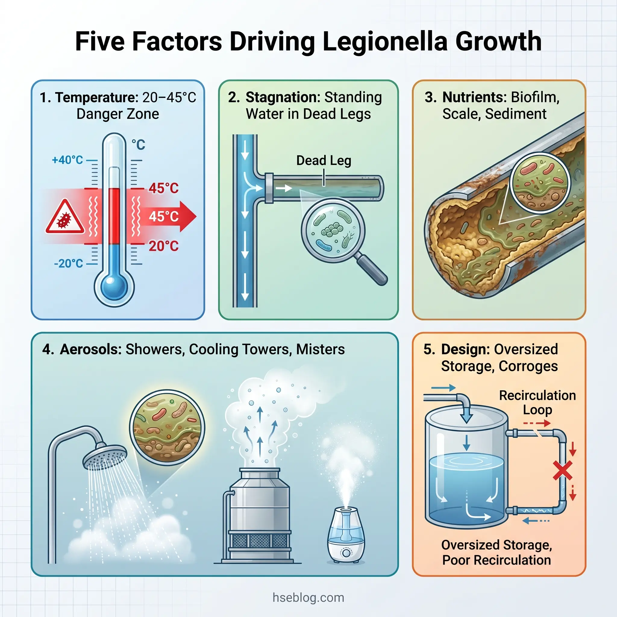 Infographic showing five factors that promote Legionella bacteria growth in water systems: temperature between 20-45°C, stagnant water in dead legs, nutrients in biofilm and sediment, aerosolized water from showers and cooling towers, and poor system design with oversized storage.