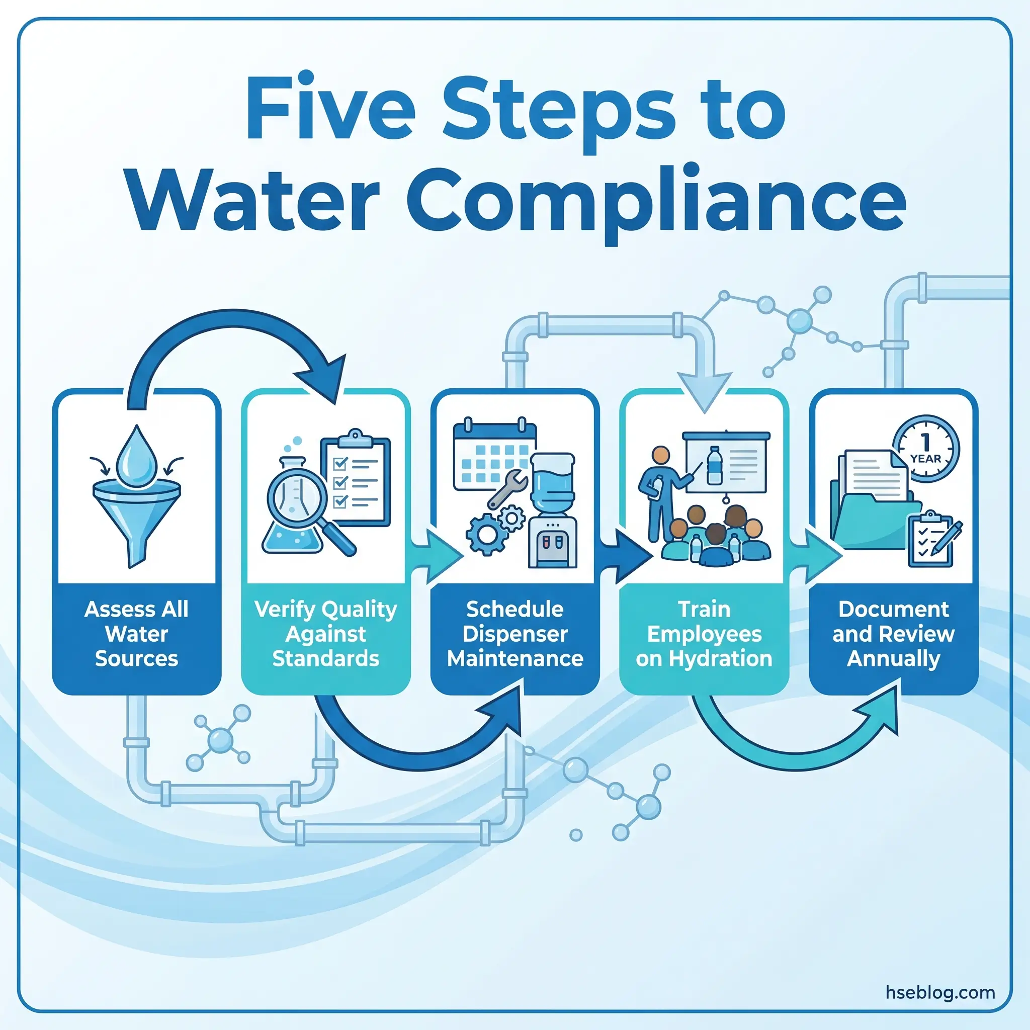 Infographic showing five sequential steps for water compliance: assess water sources, verify quality against standards, schedule dispenser maintenance, train employees on hydration, and document findings annually.