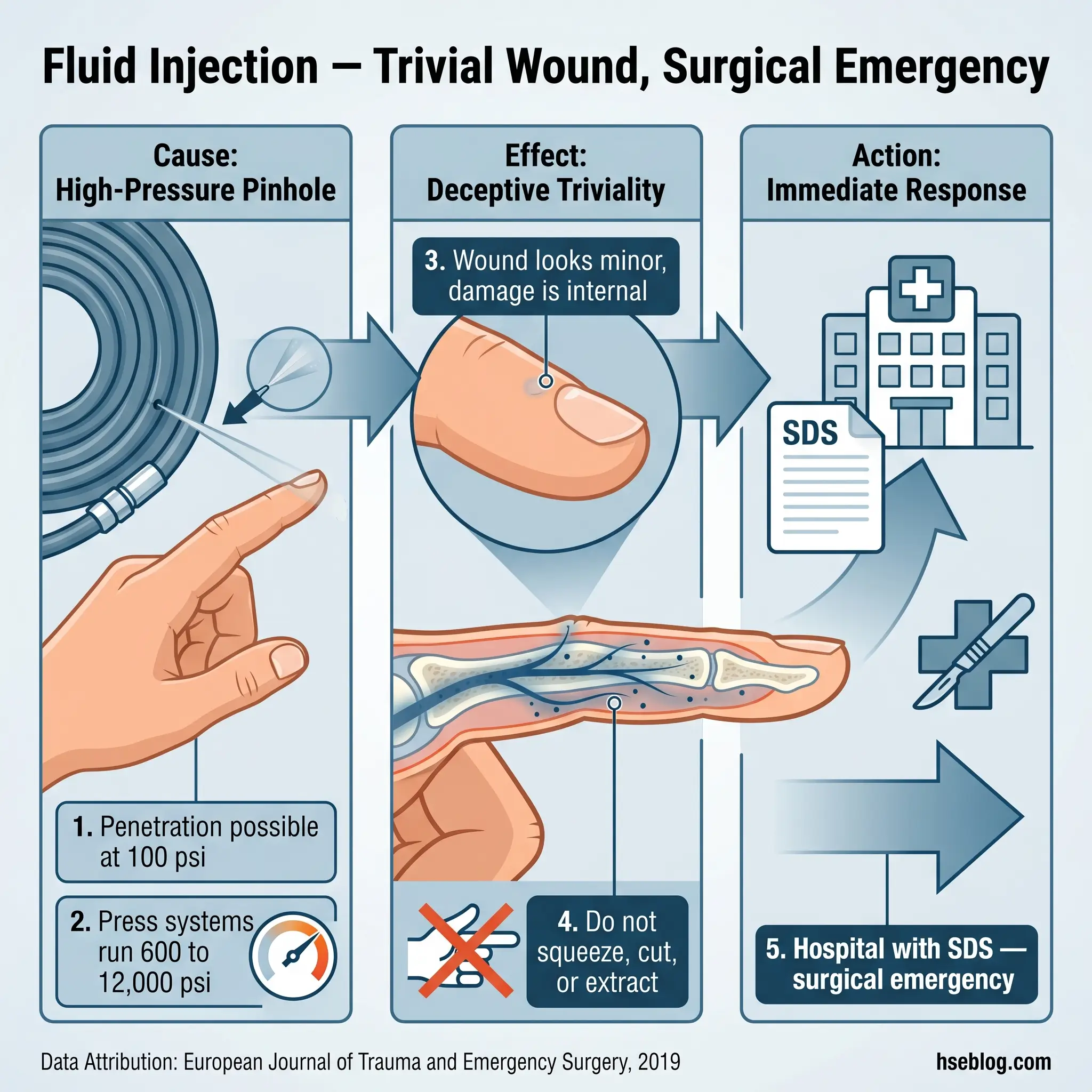 Infographic showing high-pressure fluid injection injury causes, deceptive symptoms, and emergency response protocol including hospital treatment with safety data sheet documentation.
