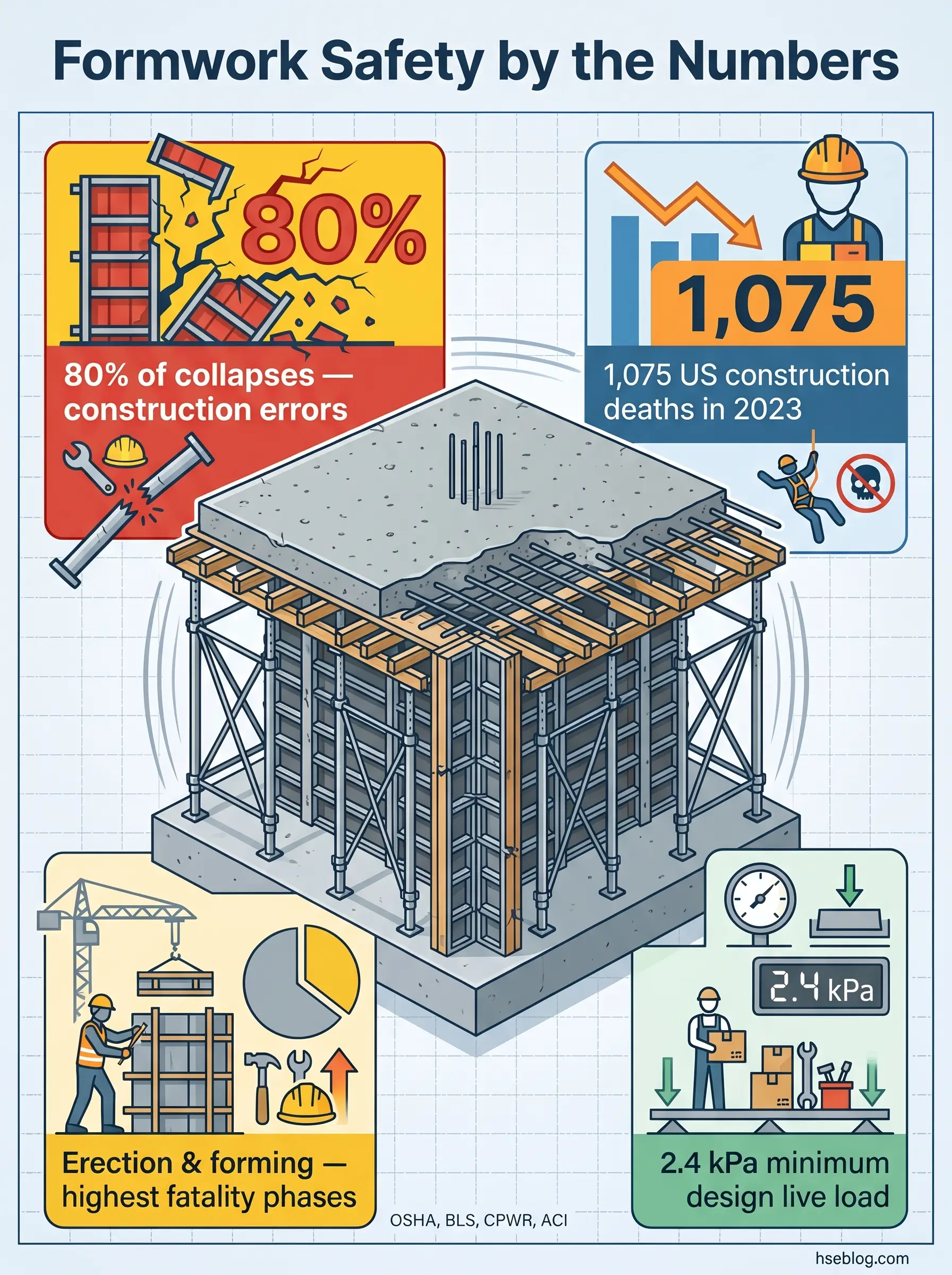 Infographic showing formwork safety statistics including 80% of collapses caused by construction errors, 1,075 US construction deaths in 2023, and 2.4 kPa minimum design live load requirements.