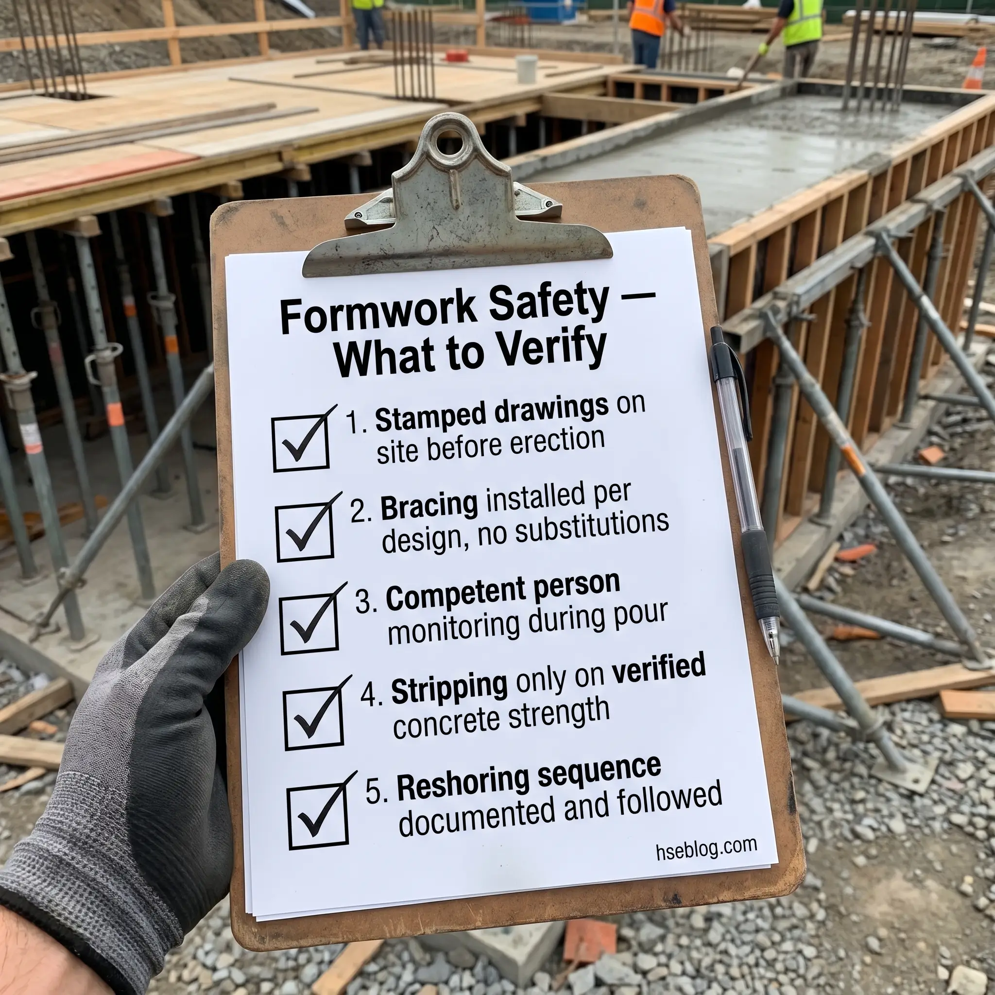 Worker in safety glove holding clipboard with formwork safety checklist at construction site, listing verification requirements for concrete foundation work.