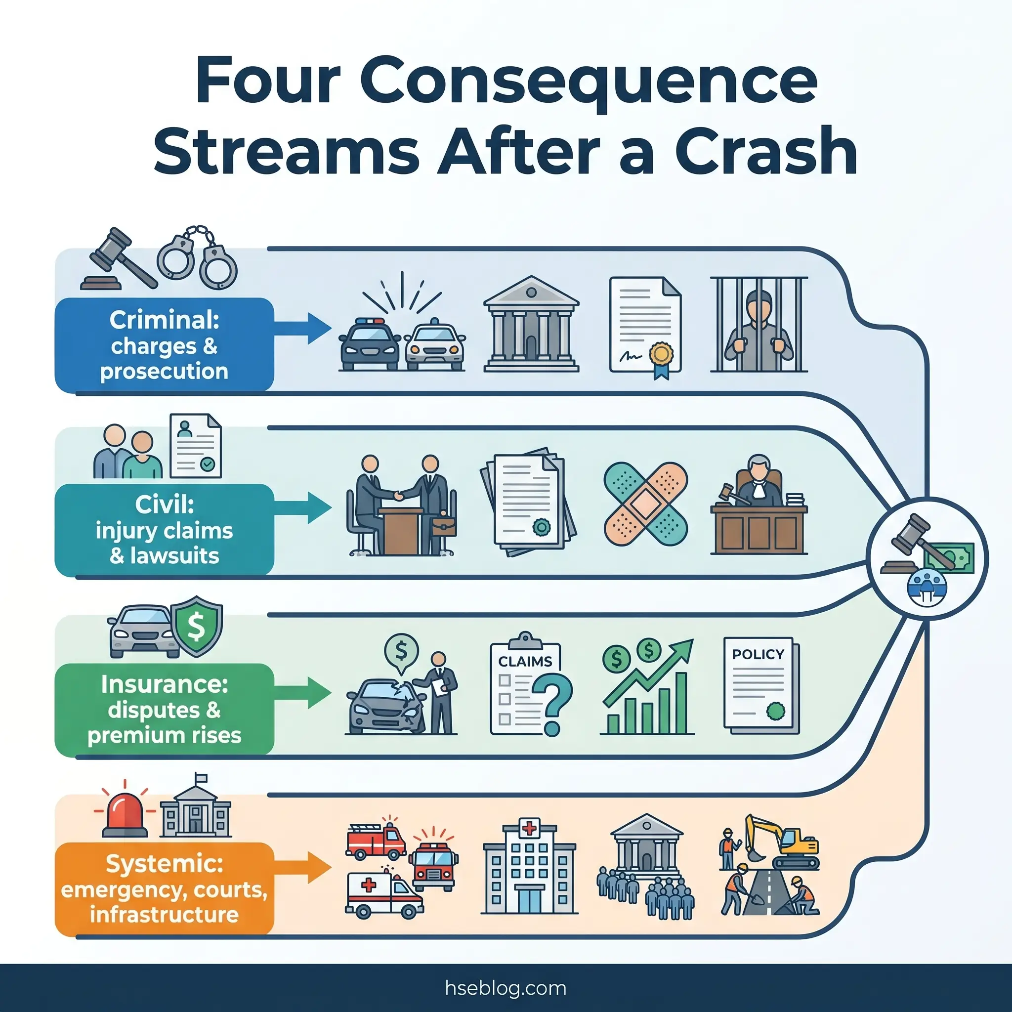 Infographic showing four consequence streams after a crash: criminal charges and prosecution, civil injury claims and lawsuits, insurance disputes and premium increases, and systemic impacts on emergency services, courts, and infrastructure.