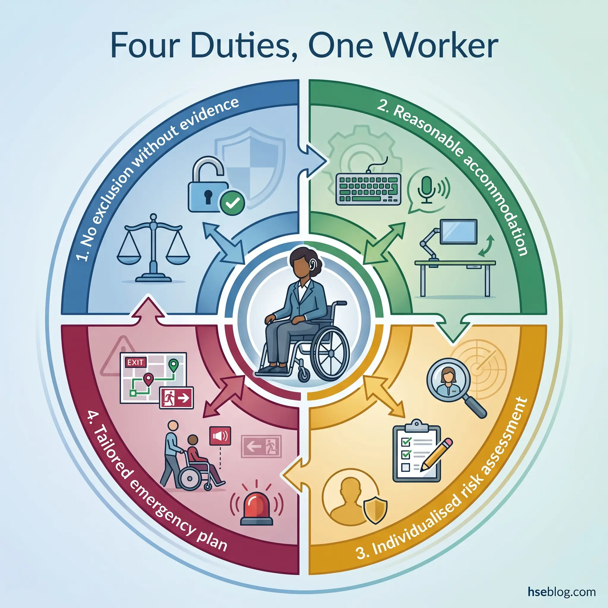 Circular diagram showing four duties for workers with disabilities: no exclusion without evidence, reasonable accommodation, individualized risk assessment, and tailored emergency plans, with a person in wheelchair at center.