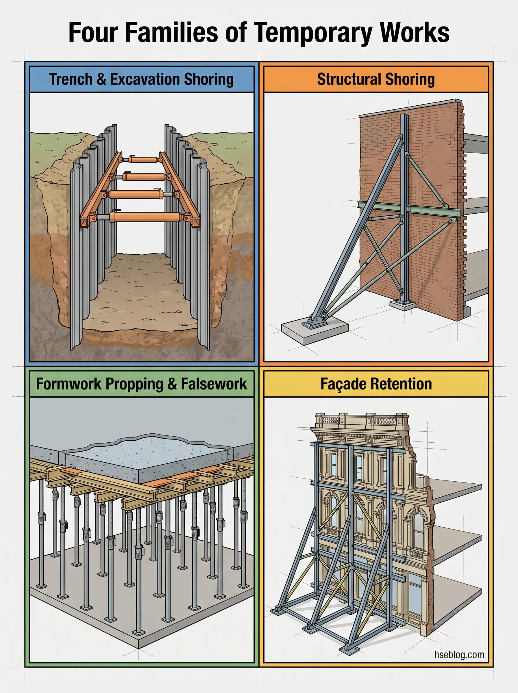 Four illustrated diagrams showing temporary construction support systems: trench shoring with horizontal bracing, structural shoring with diagonal braces, formwork propping with vertical supports, and façade retention bracing for historic buildings.