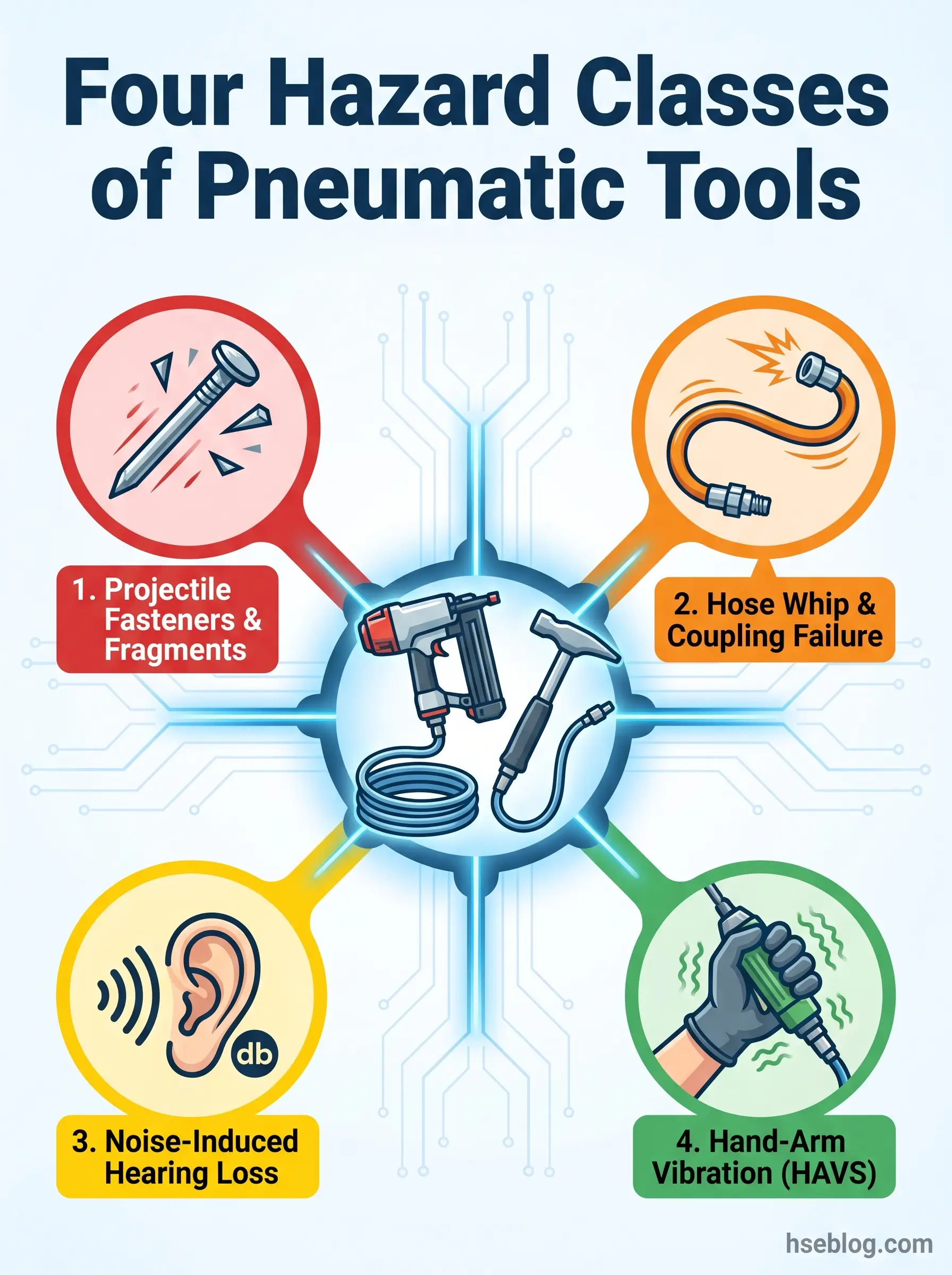 Infographic showing four hazard classes of pneumatic tools: projectile fasteners and fragments, hose whip and coupling failure, noise-induced hearing loss, and hand-arm vibration syndrome, each illustrated with icons around a central pneumatic tool.