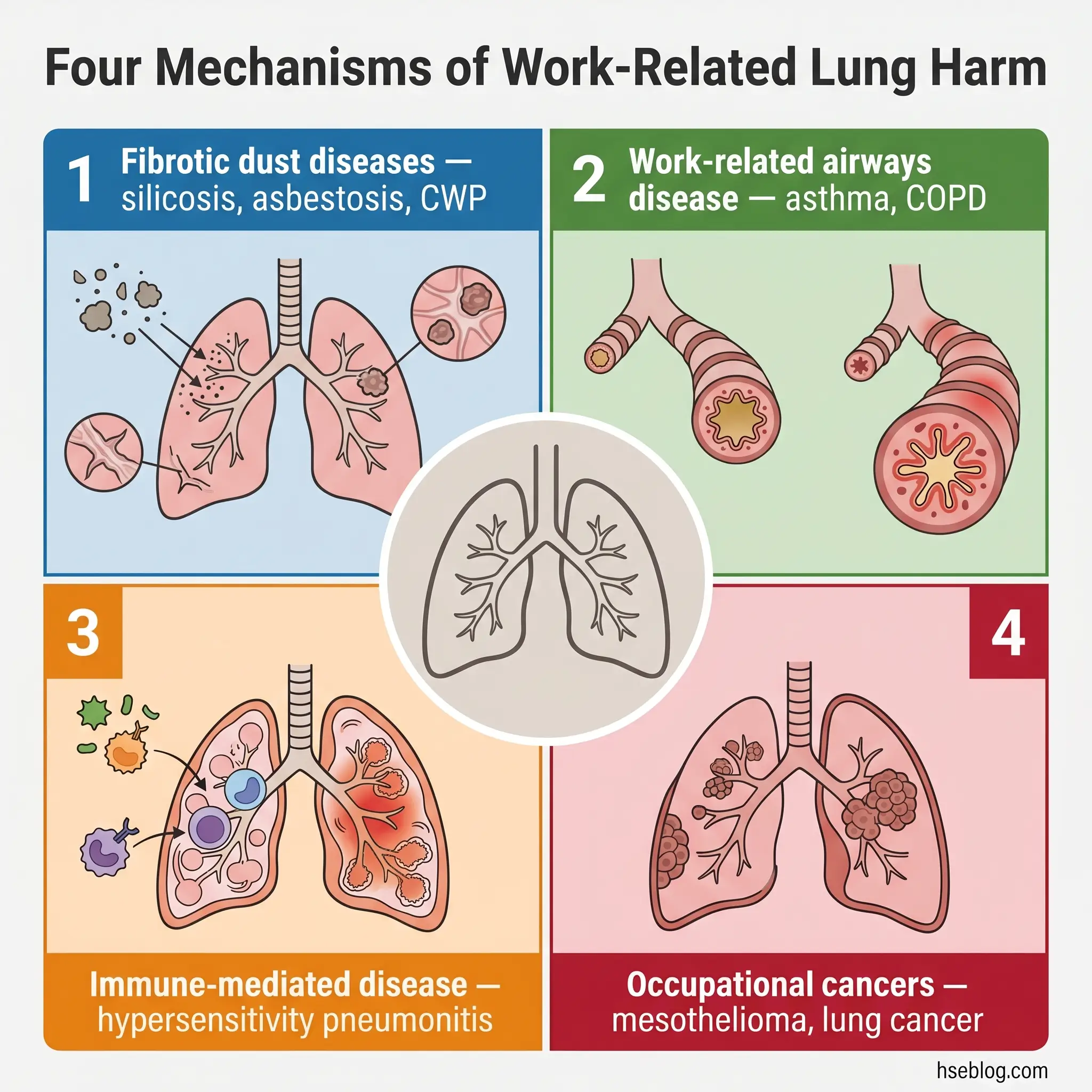 Infographic showing four mechanisms of work-related lung diseases: fibrotic dust diseases, airways disease, immune-mediated disease, and occupational cancers, with labeled lung diagrams illustrating each condition.
