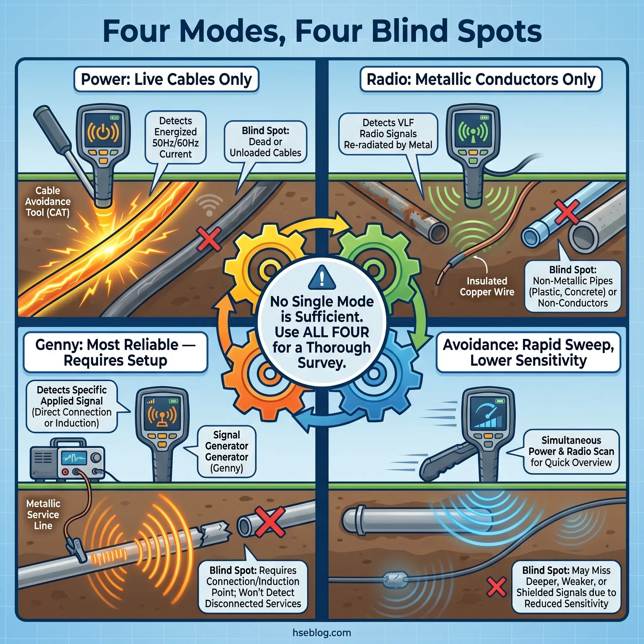 Infographic explaining four utility locating detection modes—Power, Radio, Genny, and Avoidance tools—each with specific capabilities and blind spots, emphasizing the need for all four methods in thorough underground utility surveys.