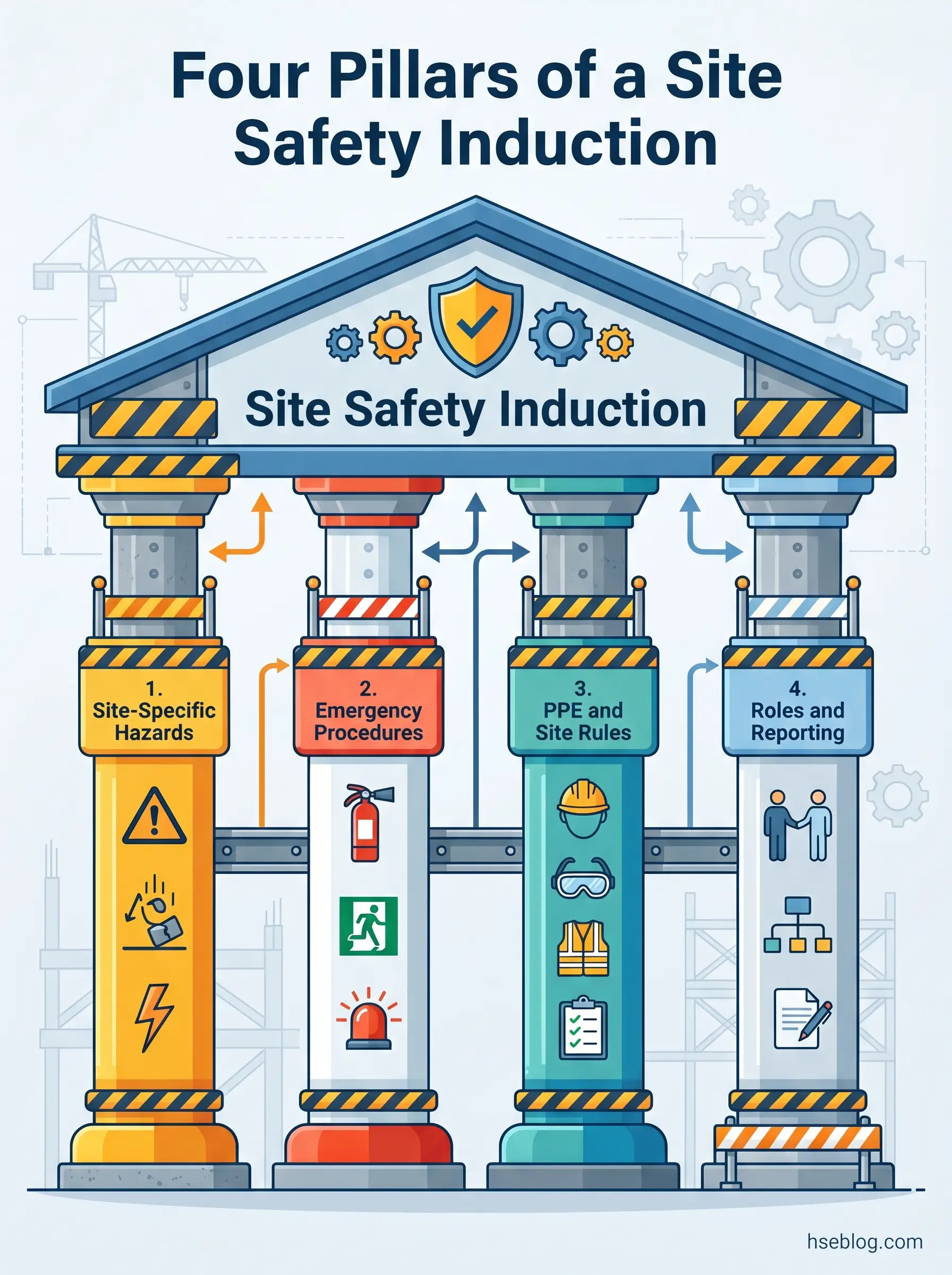 Infographic showing four pillars of site safety induction represented as columns supporting a roof: site-specific hazards, emergency procedures, PPE and site rules, and roles and reporting.