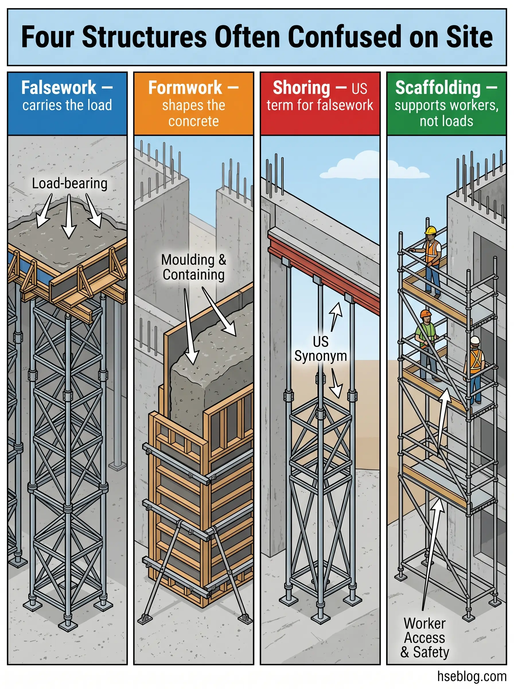 Diagram comparing four construction structures: falsework for load-bearing, formwork for concrete shaping, shoring as temporary support, and scaffolding for worker access and safety on job sites.