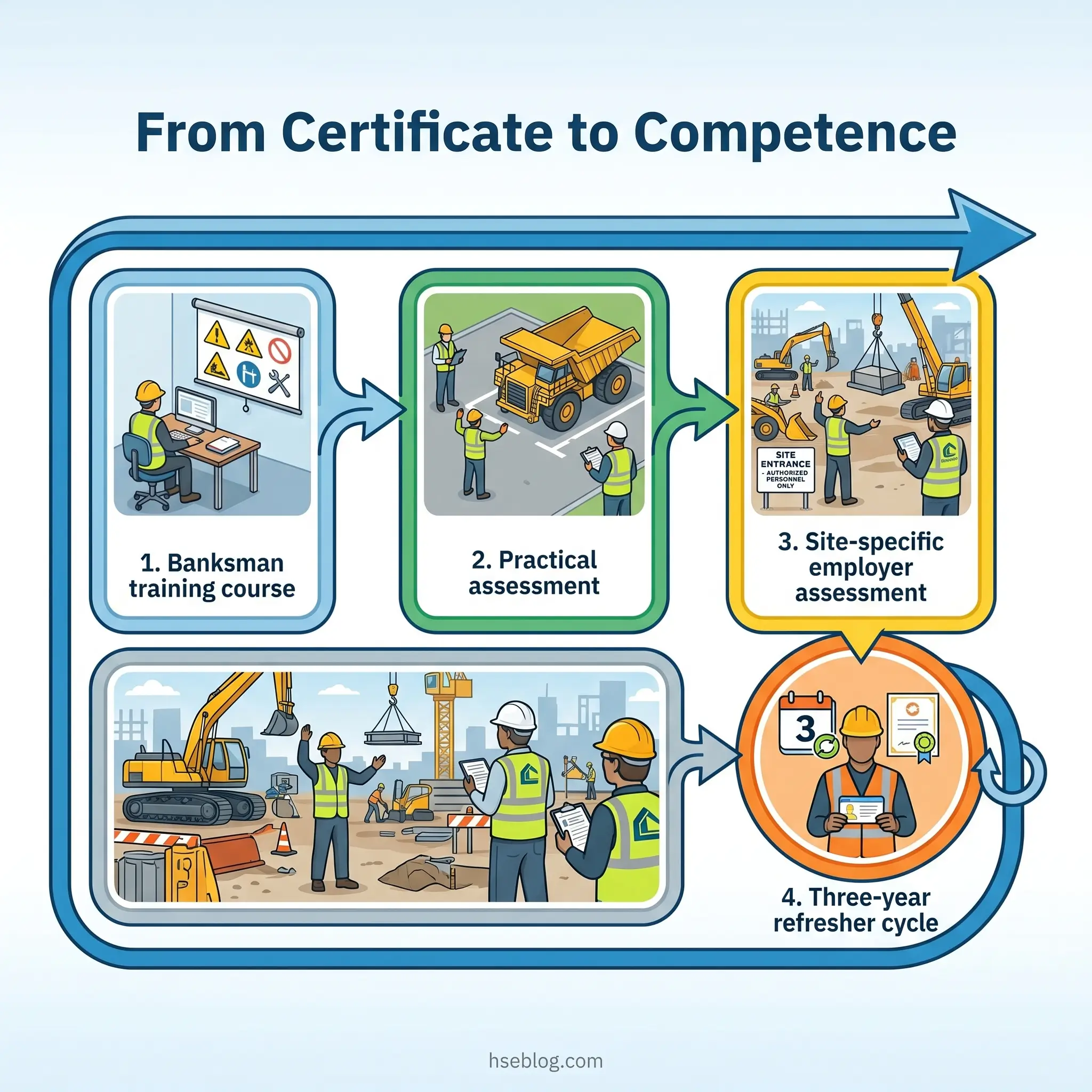 Infographic showing four-step progression from banksman training course through practical assessment, site-specific employer assessment, to three-year refresher cycle for ongoing competence.