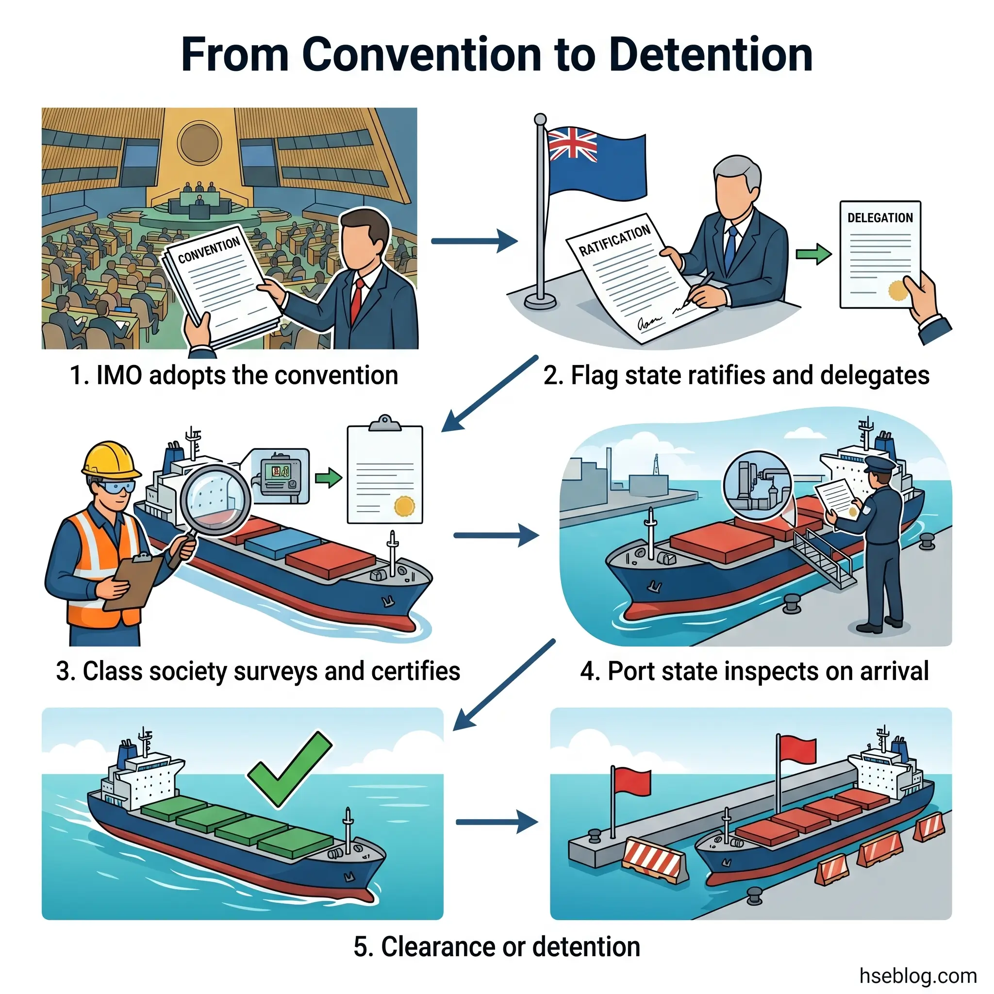 Flowchart showing five steps of maritime vessel compliance: IMO convention adoption, flag state ratification and delegation, class society survey and certification, port state inspection on arrival, and final clearance or detention decision.