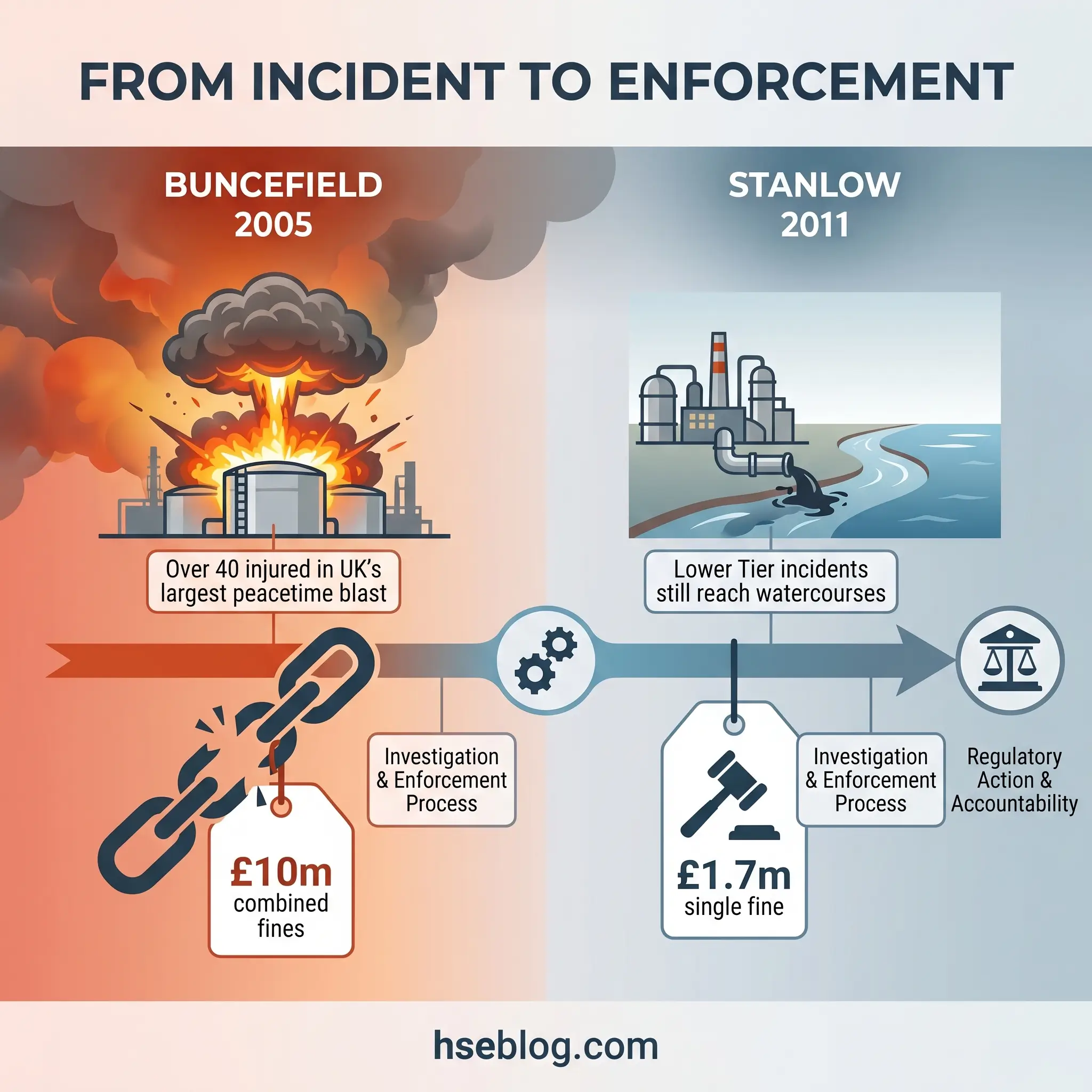 Infographic comparing investigation and enforcement outcomes from the Buncefield 2005 industrial explosion resulting in £10m fines to the Stanlow 2011 incident with a £1.7m fine, showing the regulatory process from incident to enforcement.